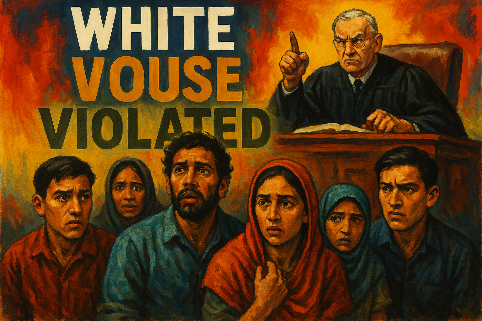 A cinematic image of a dramatic courtroom scene with a diverse group of anxious migrants and a stern judge, vividly contrasting emotions captured on their faces; the background filled with bright, bold colors representing urgency and tension, embodying the theme of deportation; featuring the phrase 'WHITE HOUSE VIOLATED' in large, bold lettering, with 'WHITE' in white, 'HOUSE' in bronze, and 'VIOLATED' in olive green, positioned strategically for maximum impact without cluttering the image, capturing viewer curiosity and empathy.