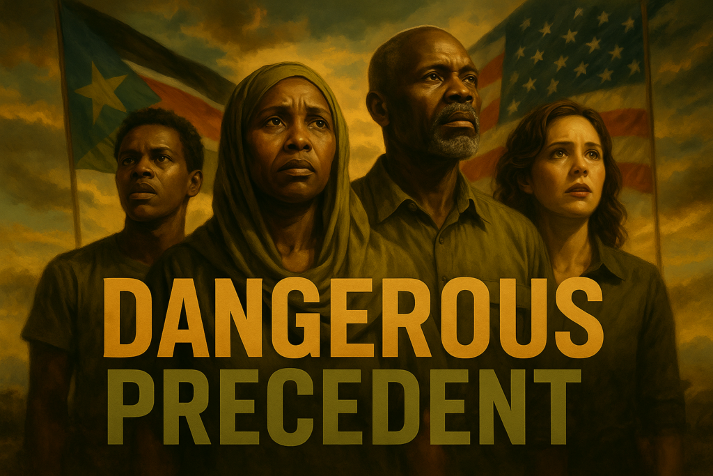 A cinematic image of a diverse group of concerned individuals standing together with expressions of worry and hope, set against a backdrop of a South Sudanese landscape blended with American symbols like the flag, featuring a dramatic sky. The colors should be vibrant, with olive green and bronze tones dominating the scene, creating a strong contrast. Include the high-impact phrase 'DANGEROUS PRECEDENT' in large, eye-catching font, with 'DANGEROUS' in Bronze, 'PRECEDENT' in Olive, and make sure the background enhances visibility. The overall composition should lead the viewer's eye to the text while maintaining a sense of urgency and emotion.