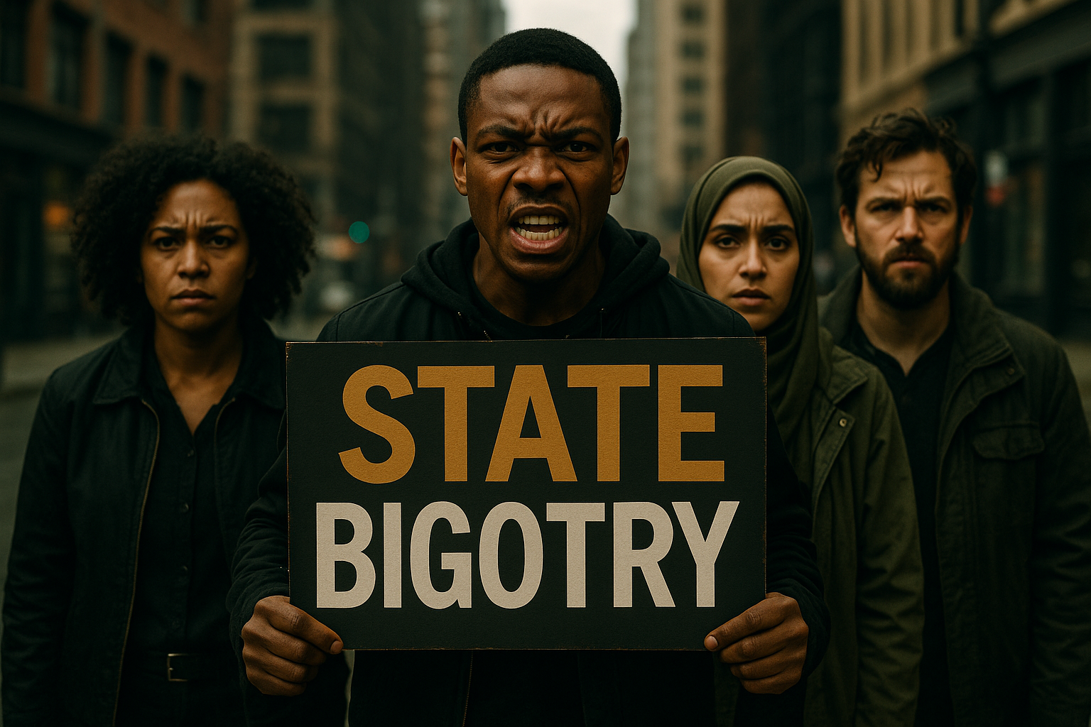 A cinematic image of a diverse group of expressive faces showing concern and resilience, set against a backdrop of a vibrant yet tense urban environment. The color scheme should feature contrasting dark and light elements, utilizing black, olive green, and bronze accents to create a sense of urgency. The focal point should be an individual holding a sign that reads 'STATE BIGOTRY' in large, bold font: 'STATE' in bronze, 'BIGOTRY' in white, with a strong emotional expression, while maintaining a safe zone around the text.