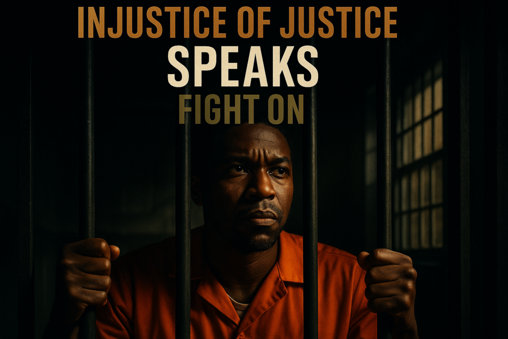 A cinematic image of a solemn yet determined African American man in an orange prison jumpsuit, gazing intently from behind bars in a dimly lit cell, with dramatic shadows playing across his face, conveying a sense of hope and resilience; background details suggest a prison environment with subtle animations or hints of the outside world beyond, embodying the themes of injustice, innocence, and the fight for freedom. The color palette should feature contrasting black and olive green tones, with vibrant bronze accents for emphasis. Overlaid text at the top reads 'INJUSTICE OF JUSTICE' in bold bronze font, followed by 'SPEAKS' in striking white, and 'FIGHT ON' in olive green, all in ALL CAPS and sized for optimal visibility, keeping a 15% margin from edges.