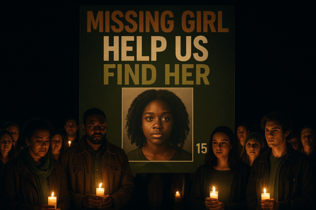 A cinematic image of a concerned community gathering, with a large poster of a missing 15-year-old Black girl in the center, surrounded by diverse people holding candles and expressing hope, set against a dark night sky that contrasts with bright olive green and bronze lights illuminating the scene, featuring the high-impact phrase 'MISSING GIRL' in large bronze letters followed by 'HELP US' in bold white, all caps, with 'FIND HER' in olive green, carefully placed to grab attention and evoke emotion, ensuring no text is in the safe margin zone, capturing the sense of urgency and community support.