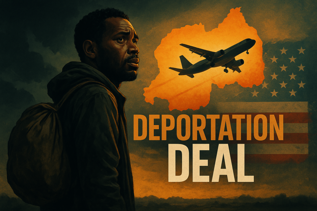 A cinematic image of a concerned refugee looking at a distant plane, symbolizing hope and uncertainty, surrounded by contrasting dark and light colors for emotional impact; the background depicts a stylized map of Rwanda blended with American symbols, creating a narrative of displacement and justice; the phrase 'DEPORTATION DEAL' is prominently displayed in bold, with 'DEPORTATION' in Bronze, 'DEAL' in White, all caps, ensuring strong visibility against the vibrant colors; composition follows the rule of thirds to draw the viewer's eye, using black, olive green, and bronze tones to enhance the emotional resonance while maintaining simplicity and focus on the subject.