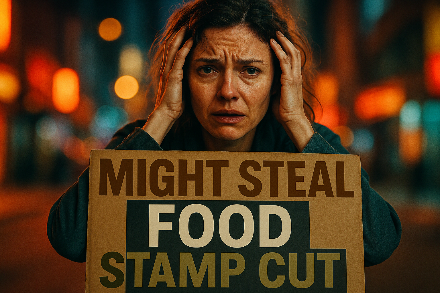 A cinematic image of a distressed woman with an expressive face, reflecting frustration and desperation, set against a blurred urban background. She is surrounded by contrasting bright colors to emphasize her emotional state. The image should evoke empathy and curiosity, focusing on her eyes and expression. Include the text 'MIGHT STEAL' in bold Bronze, 'FOOD' in bold White, and 'STAMP CUT' in bold Olive, positioned dynamically to catch the viewer's attention, ensuring all text elements stay outside of a 15% safe zone from the margins.