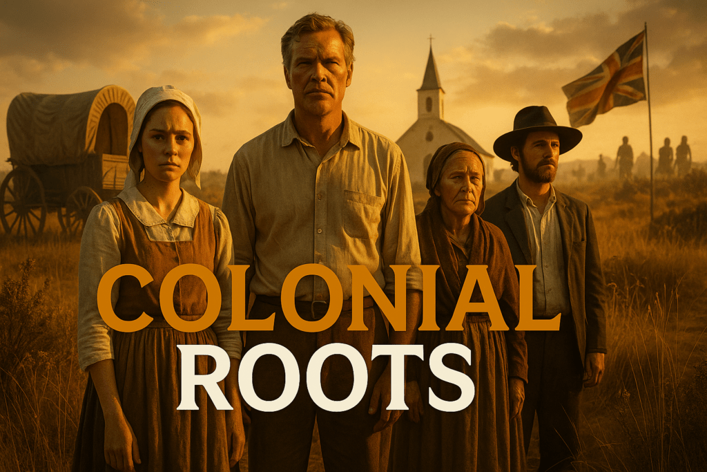 A cinematic image of a diverse group of Afrikaners reflecting on their complex history in South Africa, set against a vibrant landscape that symbolizes both their Dutch heritage and the clash with indigenous cultures. Faces displaying a range of emotions—contemplation, pride, sorrow—interspersed with elements like traditional Afrikaner symbols and motifs. The scene is bright and colorful, utilizing contrast between warm and cool tones to emphasize the intricate narrative of migration and conflict. The phrase 'AFRIKANER LEGACY' appears prominently in Bronze for 'AFRIKANER', White for 'LEGACY', styled dynamically to pop against the background, ensuring it captivates the viewer's attention while maintaining a clean and impactful design.