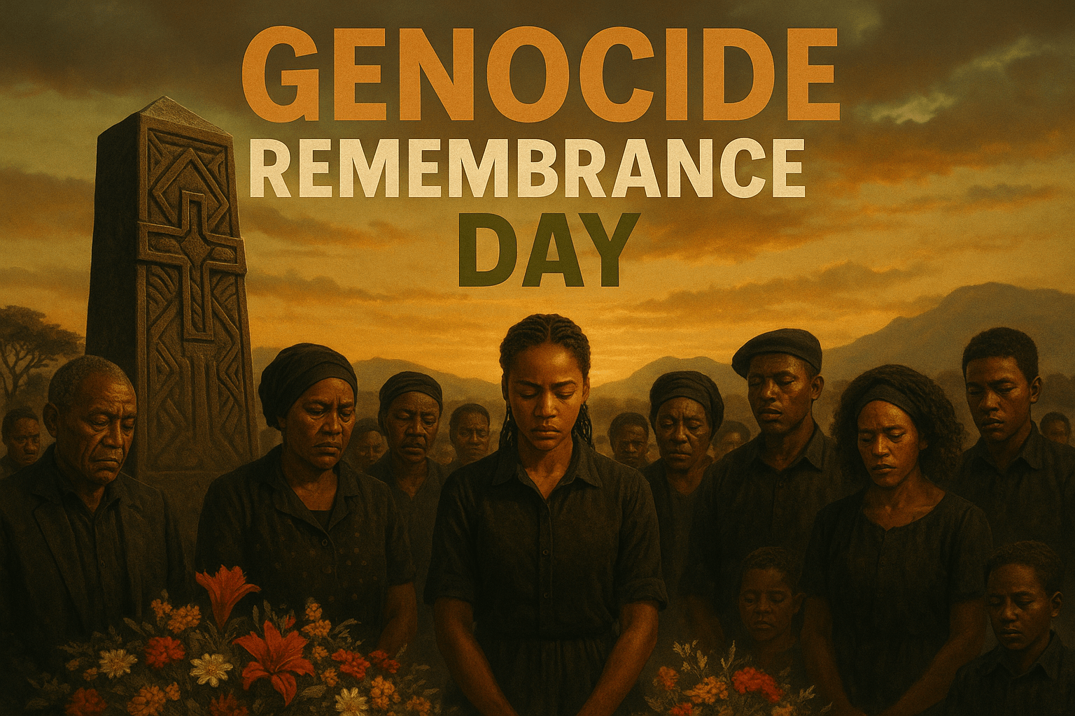 A cinematic image of a solemn memorial gathering in Namibia, depicting a diverse group of people with emotional expressions, illuminated by soft lighting that enhances the sense of remembrance. In the foreground, a large, intricately designed memorial monument stands tall, surrounded by vibrant flowers, with a backdrop of African landscapes. The sky above is painted with warm hues of sunset, providing a contrasting gold and olive green to the scene. The phrase 'GENOCIDE REMEMBRANCE DAY' is prominently displayed in bold, eye-catching font: 'GENOCIDE' in Bronze, 'REMEMBRANCE' in White, and 'DAY' in Olive Green, placed outside the 15% safe zone, ensuring high visibility and engagement.