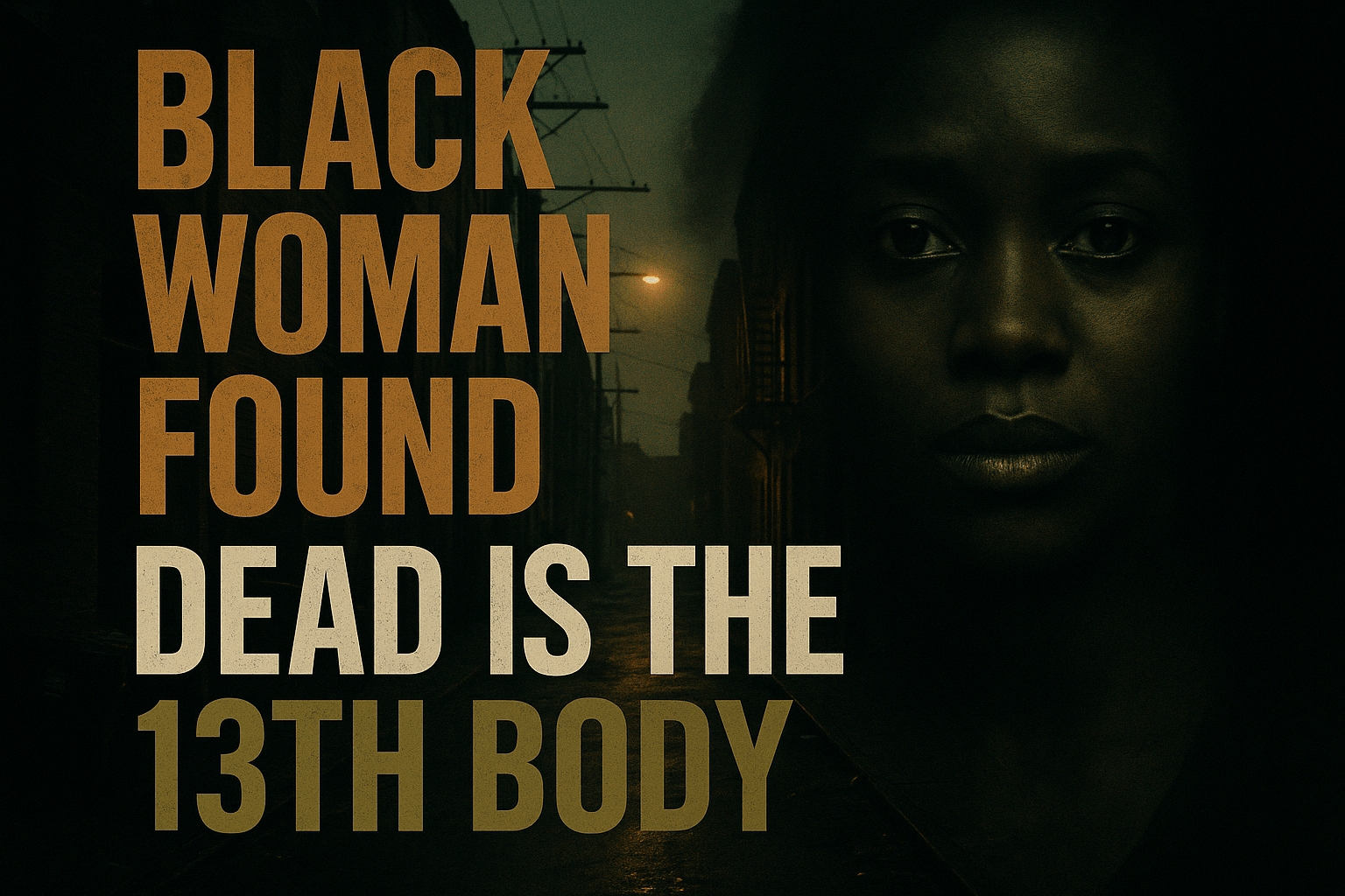 A cinematic image of a somber urban scene at dusk, showcasing a mysterious, shadowy alleyway illuminated by a dim streetlight. A portrait of a Black woman with a haunting expression is subtly blended into the background, evoking a sense of loss and intrigue. The scene should be rich in contrast, with dark shadows and hints of olive green and bronze reflecting a chilling atmosphere. Use bold, multi-line H2 'impact' font featuring the phrase 'BLACK WOMAN FOUND' in Bronze, 'DEAD IS THE' in White, '13TH BODY' in Olive, positioned outside of the 20% safe zone, ensuring the text stands out dramatically against the backdrop.