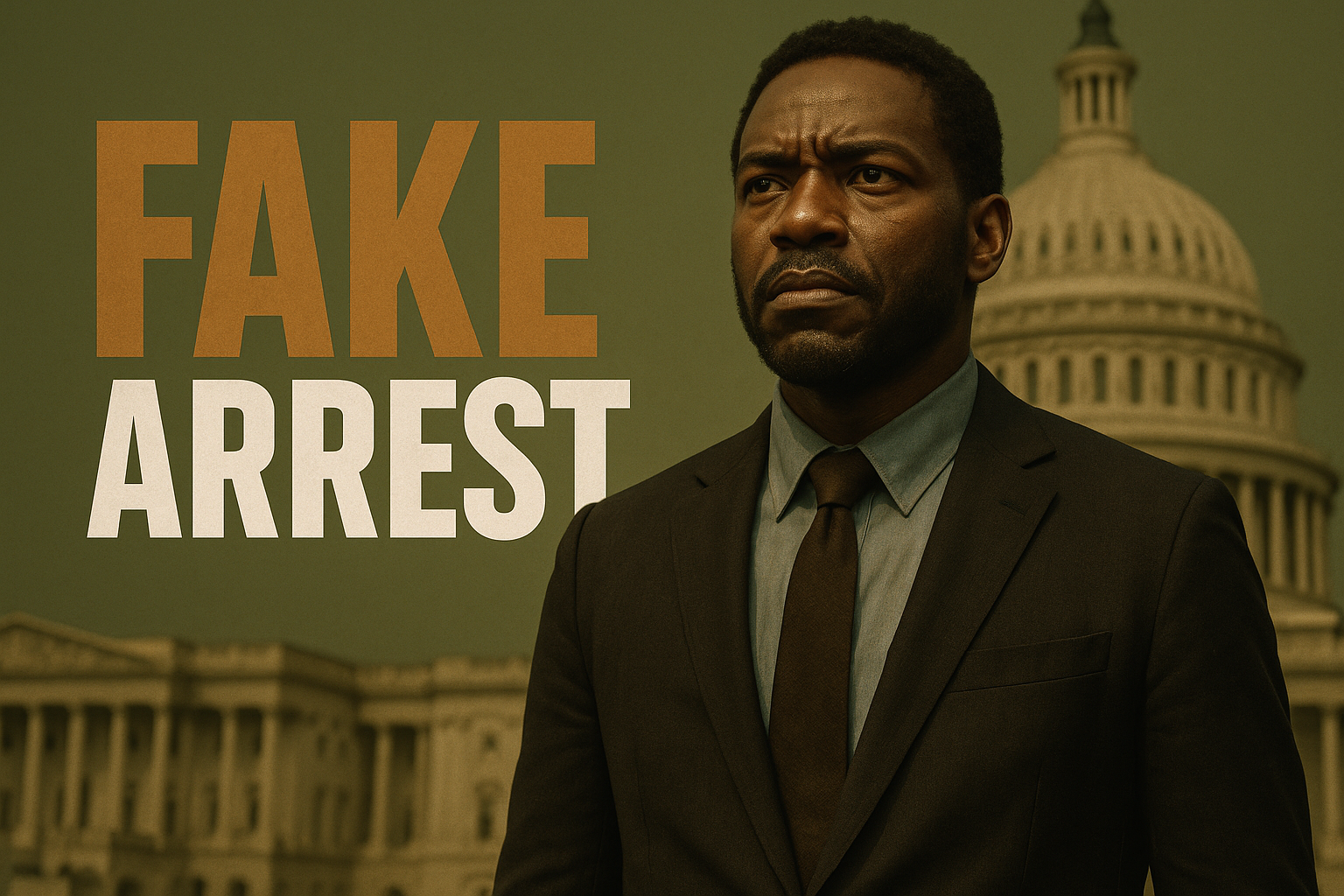 A cinematic image of a determined Black man standing confidently in front of the U.S. Capitol building, embodying resilience and hope, with a somber expression indicating his fight against injustice, wearing a smart suit against an olive green background that contrasts with the bronze and black tones of his attire. The phrase 'FAKE ARREST' is prominently displayed in a multi-line H2 'impact' font, with 'FAKE' in Bronze, 'ARREST' in White, and the background subtly highlighting the words to create depth, ensuring text elements remain outside a 20% safe zone from all margins.