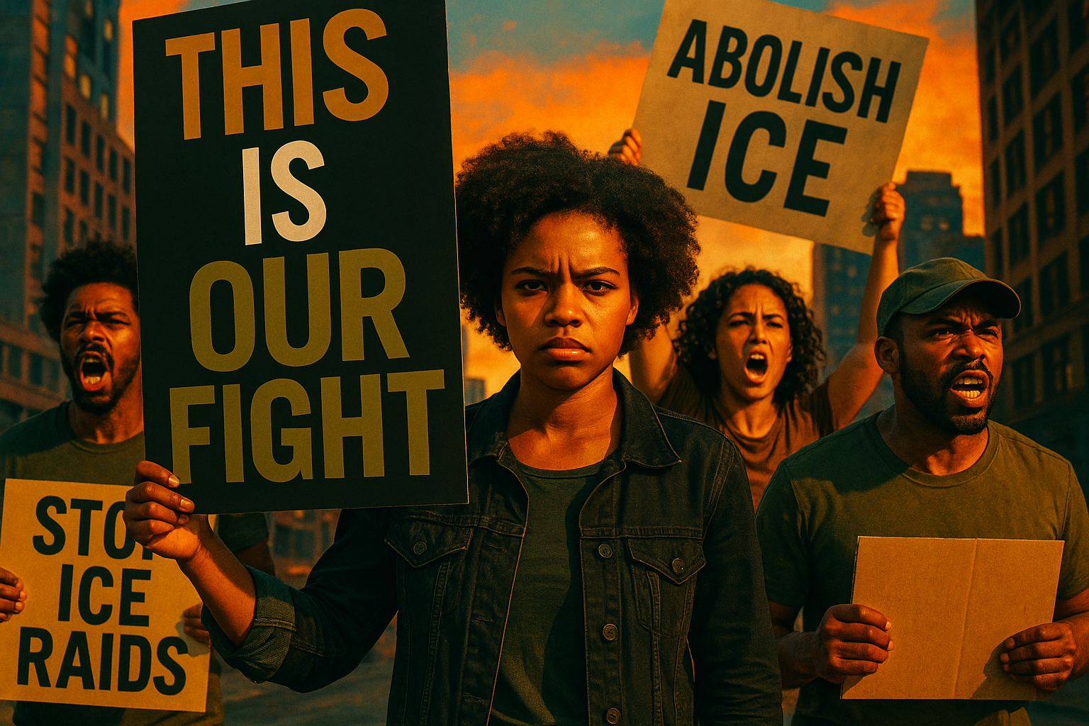 A cinematic image of a diverse group of determined Black and Latinx protesters holding signs in solidarity against ICE raids, their faces expressive and filled with purpose, bright colors highlighting their energy, with a dramatic cityscape background symbolizing the fight for justice, using high contrast and vivid hues, incorporating brand colors: black, olive green, and bronze; featuring the phrase 'THIS IS OUR FIGHT' in a bold multi-line H2 font, with 'THIS' in bronze, 'IS' in white, and 'OUR FIGHT' in olive, ensuring text is outside the 20% safe zone and eye-catching.