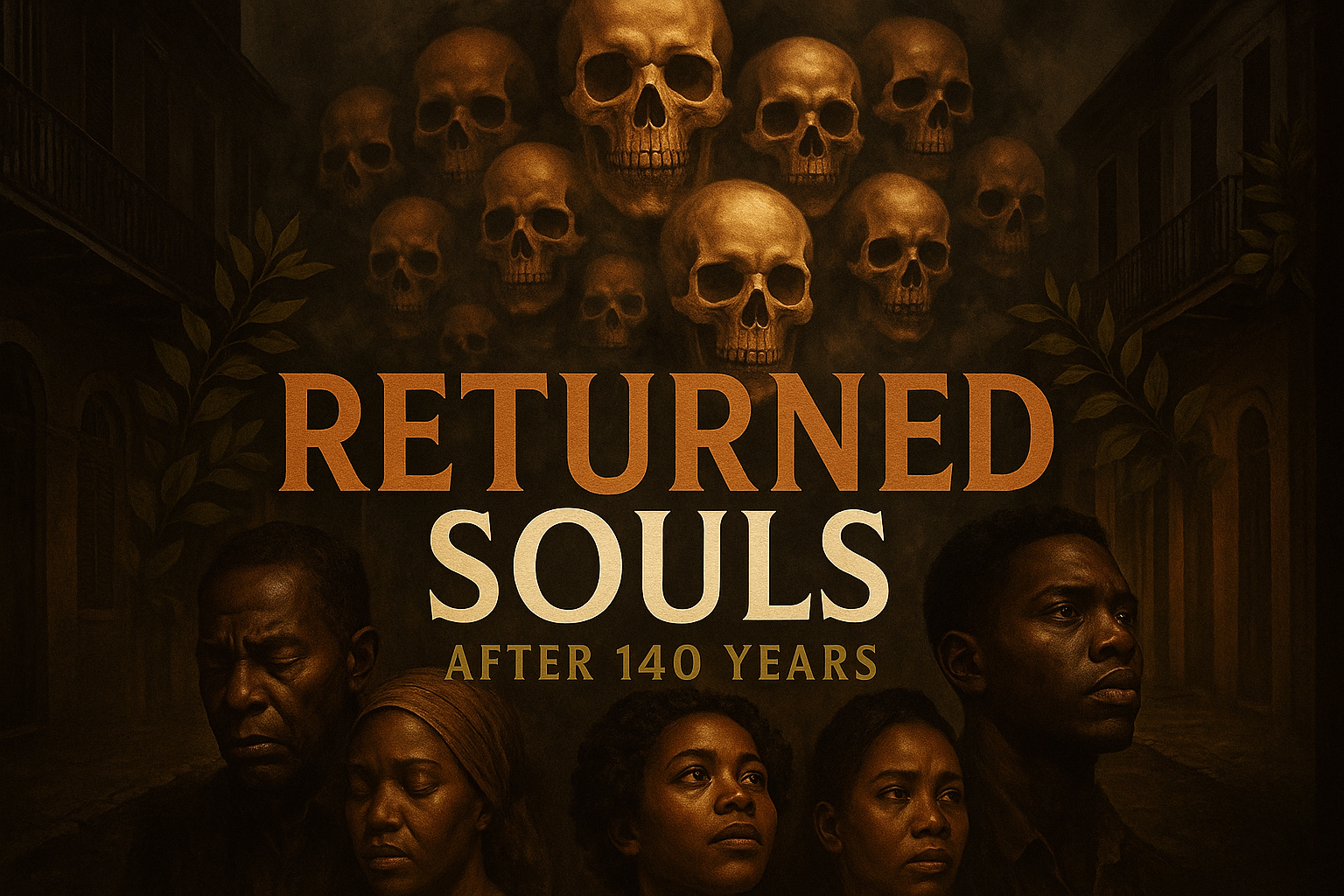A cinematic image of a dramatic, culturally rich New Orleans street scene featuring 19 ethereal skulls emerging from a foggy background, symbolizing their return after 140 years. The scene is illuminated with warm bronze tones contrasting against deep black shadows, with accents of olive green foliage framing the skulls. In the foreground, a diverse group of solemn African American faces depict a range of emotions from sorrow to hope. The text overlay reads, 'RETURNED SOULS' in large cinematic font, with 'RETURNED' in bronze, 'SOULS' in white, and a potential third word in olive green, all designed to pop against the dark background. The composition follows the rule of thirds, focusing on the skulls and the emotional expressions of the faces, ensuring maximum engagement and curiosity.