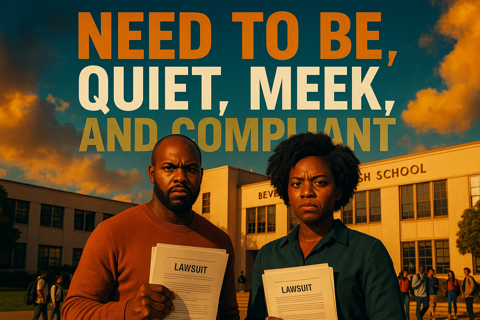 A cinematic image of two Black teachers standing resiliently in front of a high school, with expressions of determination and defiance amidst a backdrop of the Beverly Hills High School, utilizing bright colors to convey tension and hope, contrasting deep black and bronze tones. The teachers hold legal documents symbolizing their lawsuit while a school with a visible diverse student body is in the background, illustrating the challenges they face. Overlay the high-impact phrase in a multi-line H2 'impact' font: 'NEED TO BE' in Bronze, 'QUIET, MEEK,' in White, and 'AND COMPLIANT' in Olive. Ensure the text is bold and pops against the background, maintaining the text elements outside a 20% safe zone from all margins, and applying principles of contrast and composition to draw the viewer's eye towards the message of resilience and determination.