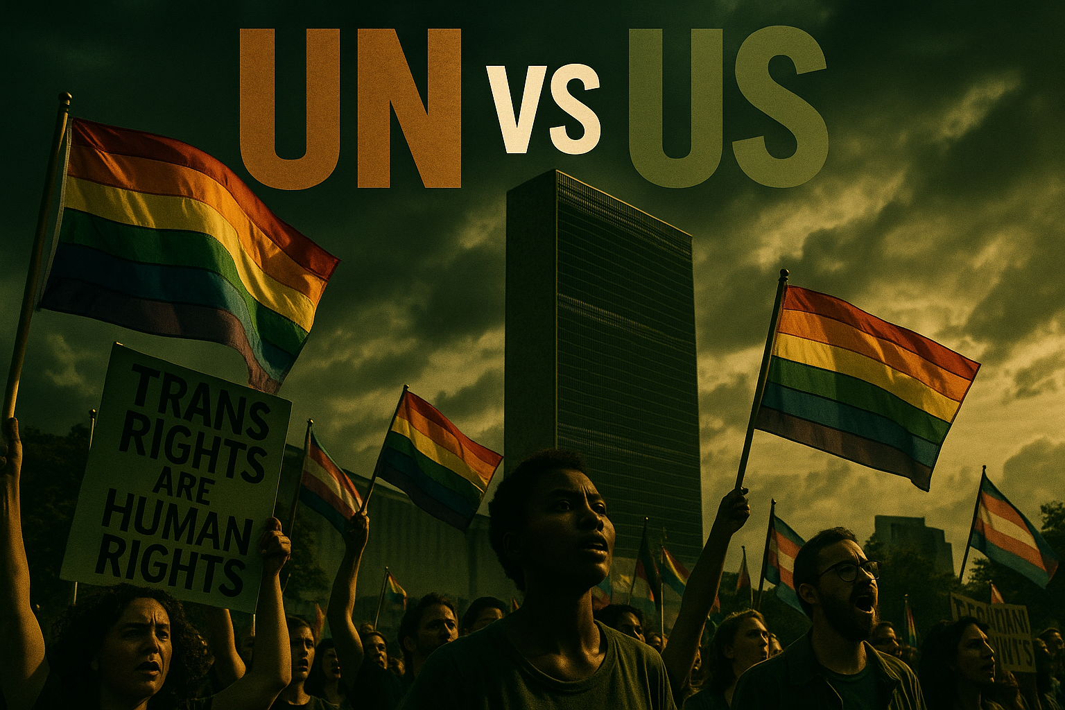 A cinematic image of a diverse crowd holding rainbow flags and signs advocating for transgender rights, with a dramatic skyline of the UN building in the background. The scene is vibrant and emotionally charged, with faces depicting hope and determination. The colors are bold and contrasting, focusing on Olive Green and Black elements, with striking bronze highlights on the flags. Overlay text in a multi-line H2 impact font reads: 'UN' in Bronze, 'VS' in White, 'US' in Olive. The composition leads the viewer's eye towards the main subjects, creating a powerful and inviting atmosphere that captures the ongoing struggle for equality.