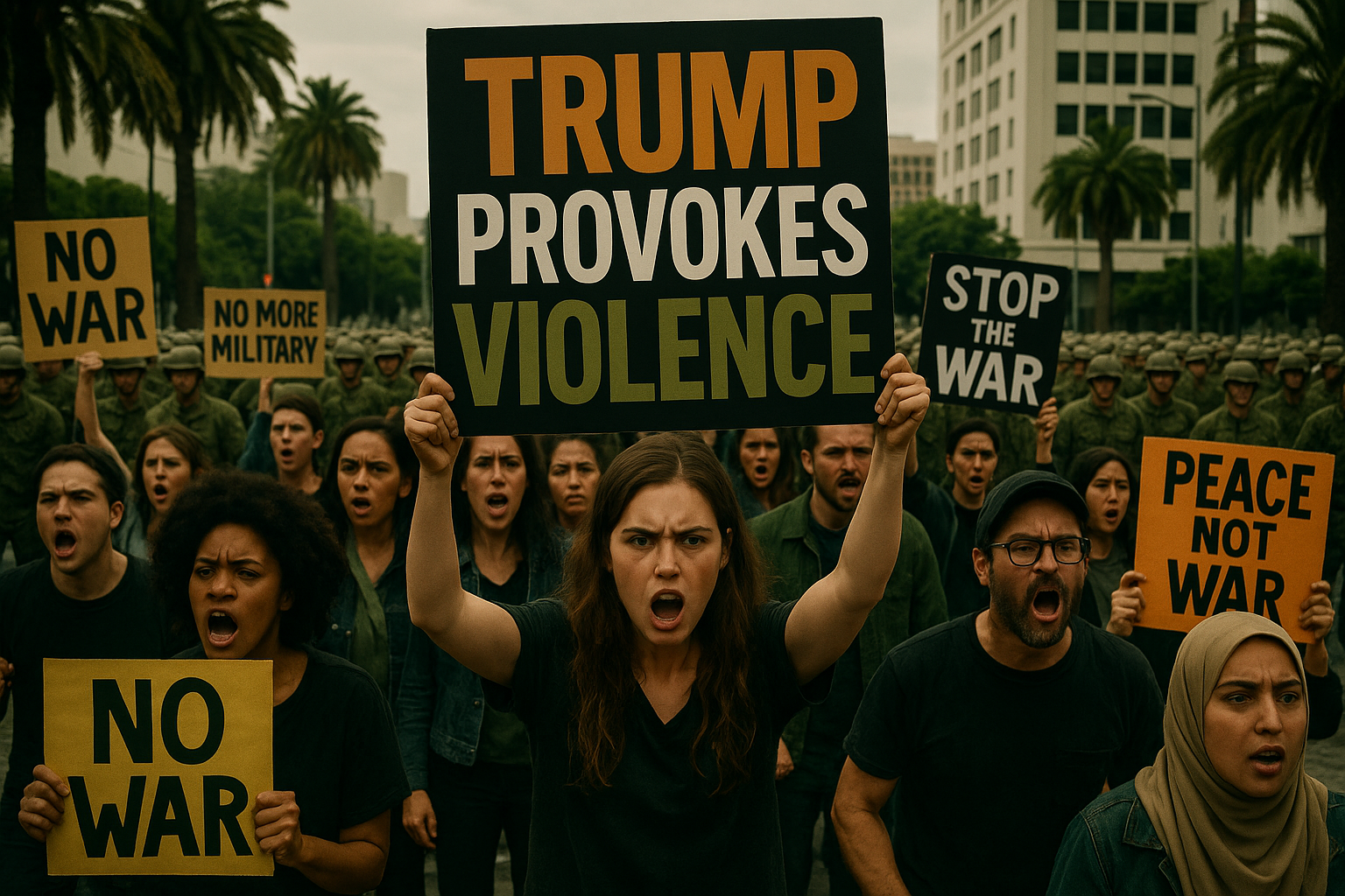 A cinematic image of a tense protest scene in Los Angeles, featuring a diverse group of passionate demonstrators holding signs against military presence, with 700 marines visible in the background. Emphasize emotional expressions on the faces of the protesters, capturing a mix of determination and concern. Use bright colors, particularly contrasting blacks and olive greens to represent the tension between citizens and military forces. The composition follows the rule of thirds, guiding the viewer's eye toward the forefront where a large sign reads ‘TRUMP PROVOKES VIOLENCE’ in a multi-line H2 'impact' font, with ‘TRUMP’ in Bronze, ‘PROVOKES’ in White, and ‘VIOLENCE’ in Olive, ensuring all text is within the safe margin and stands out boldly against the backdrop.