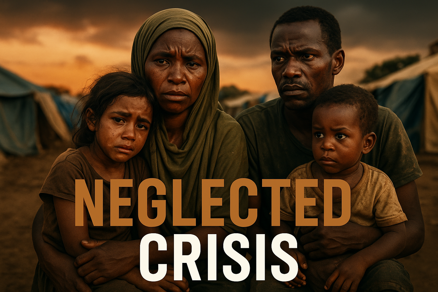 A cinematic image of a distressed refugee family in Cameroon, with emotional expressions and faces portraying resilience, set against a backdrop of contrasting vibrant colors, highlighting their plight in a stark environment. The image should be photorealistic, utilizing rule of thirds for composition, with a strong focus on faces to evoke empathy. Overlay the impact phrase 'NEGLECTED CRISIS' in bold, all caps: 'NEGLECTED' in bronze, 'CRISIS' in white, with a dramatic font size for emphasis, ensuring all text remains outside a 15% safe zone from margins. The overall color palette should include black, olive green, and bronze elements to enhance contrast and visibility.