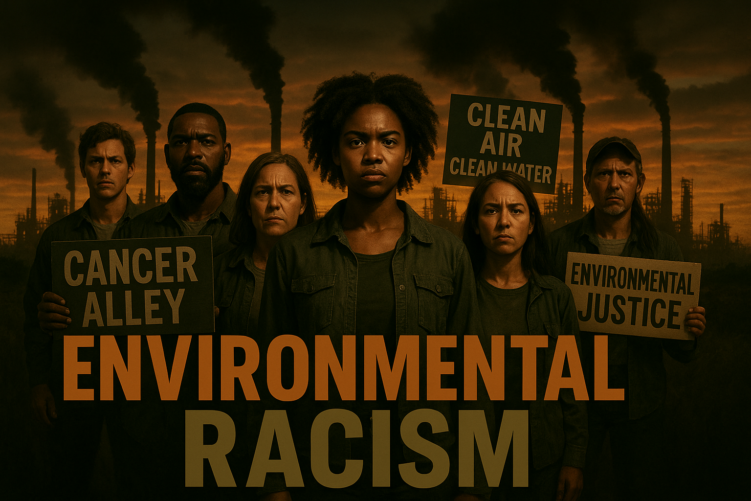 A cinematic image of a diverse group of determined community activists standing united in front of a polluted landscape, their expressions conveying resolve and urgency as they hold signs about environmental rights; the background features industry smokestacks with dark smoke contrasted against a vivid sunset sky, highlighting the stark disparity of the 'CANCER ALLEY' environment, all bathed in deep hues of black, olive green, and bronze; bold text at the forefront reads 'ENVIRONMENTAL RACISM' in large, impactful font with the first word in Bronze, the second in White, and the third in Olive, creating a sense of urgency and importance, while ensuring the text avoids the 15% safe zone from the edges.