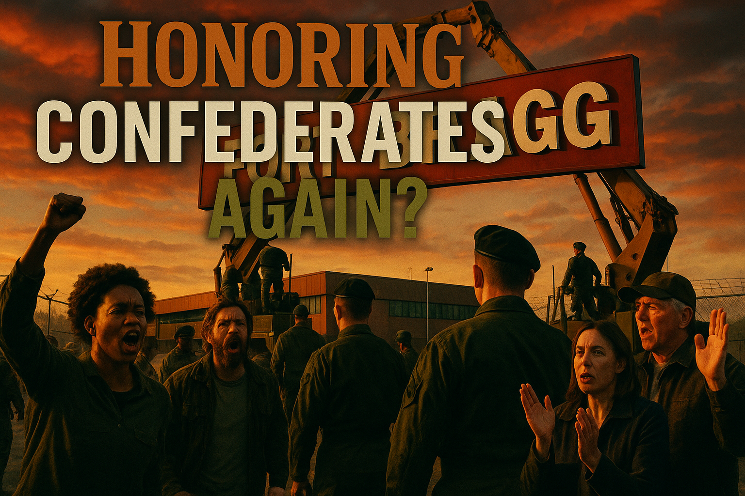 A cinematic image of a military base under bright, bold skies, featuring a large, prominent 'FORT BRAGG' sign being reinstalled, emphasizing a mood of controversy and tension, with a diverse group of people in the foreground showing mixed emotions - some protesting, some supporting, capturing the essence of a divided opinion; the colors are rich and striking, with a contrast of black and olive green uniforms and bronze accents in the background; the text overlay reads in an impactful font: 'HONORING' in bronze, 'CONFEDERATES' in white, 'AGAIN?' in olive, placed strategically to draw attention without disrupting the composition, avoiding clutter, maintaining a powerful visual balance.