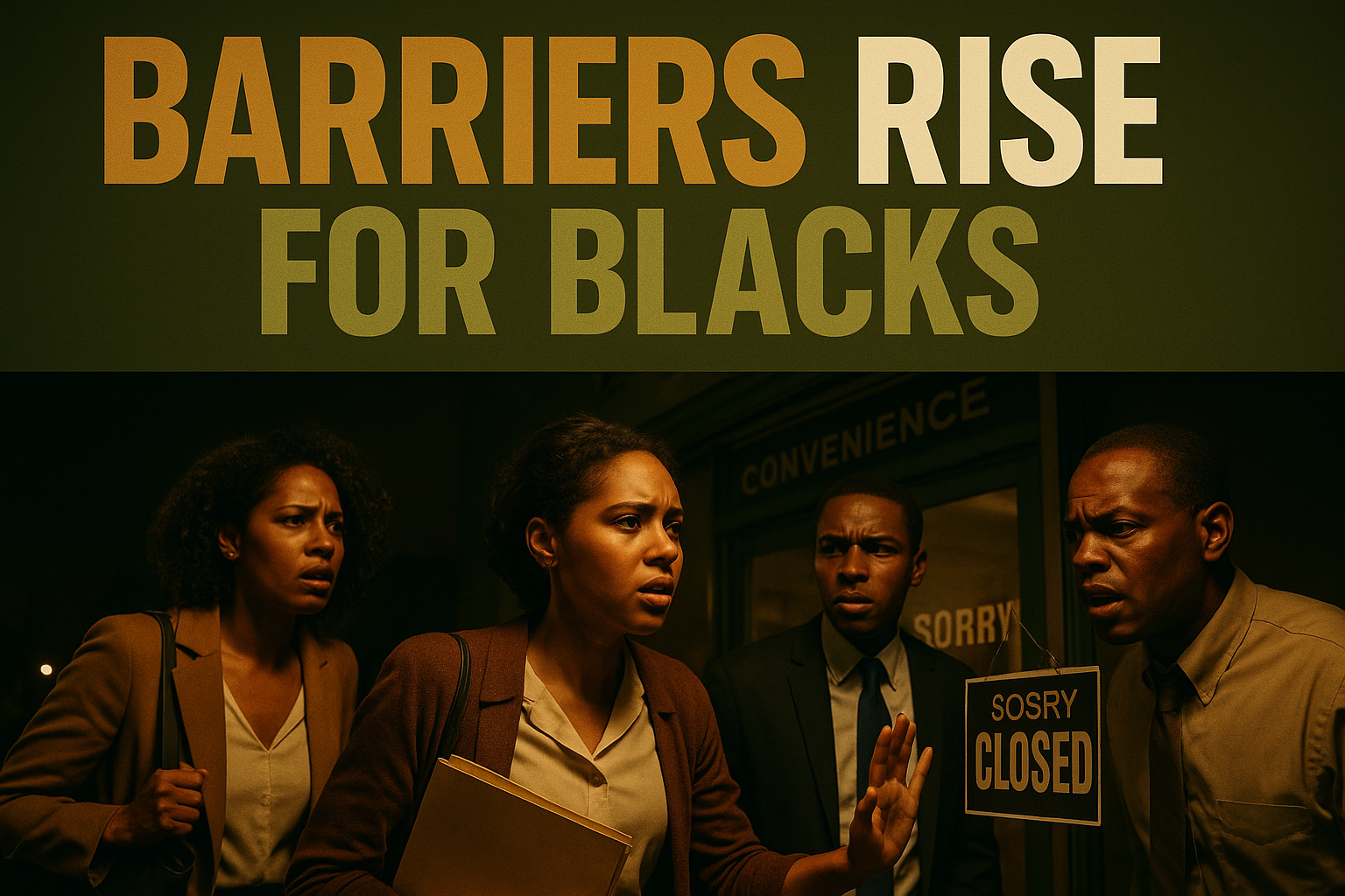 A cinematic image of a diverse group of frustrated job applicants facing a closed convenience store, expressions of disappointment and urgency on their faces, contrasted against a bold backdrop of olive green and bronze colors to evoke emotion. The scene captures the essence of discrimination with dramatic lighting highlighting the central figures. Use a high-impact phrase in an H2 'impact' font: 'BARRIERS RISE FOR BLACKS'. The word 'BARRIERS' should be in Bronze, 'RISE' in White, and 'FOR BLACKS' in Olive. Ensure all text remains outside of a 20% safe zone from the margins, with no clutter, allowing for a striking composition that draws the viewer's eye.