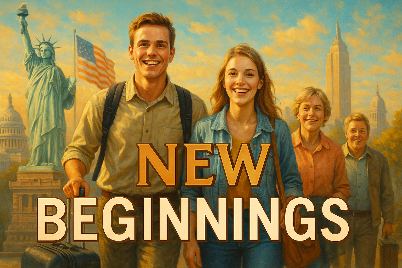 A cinematic image featuring a diverse group of smiling white Afrikaner South Africans arriving in the United States, portraying a sense of hope and new beginnings. The background includes iconic American landmarks subtly blended into the scene, conveying a feeling of transition and adaptation. Bright, inviting colors are used to evoke warmth and optimism. The phrase 'NEW BEGINNINGS' is displayed prominently in a bold font, with 'NEW' in Bronze, 'BEGINNINGS' in White, ensuring it's eye-catching and stands out against the vibrant backdrop. Ensure the text is well-balanced, fitting outside the 15% safe zone from the margins.