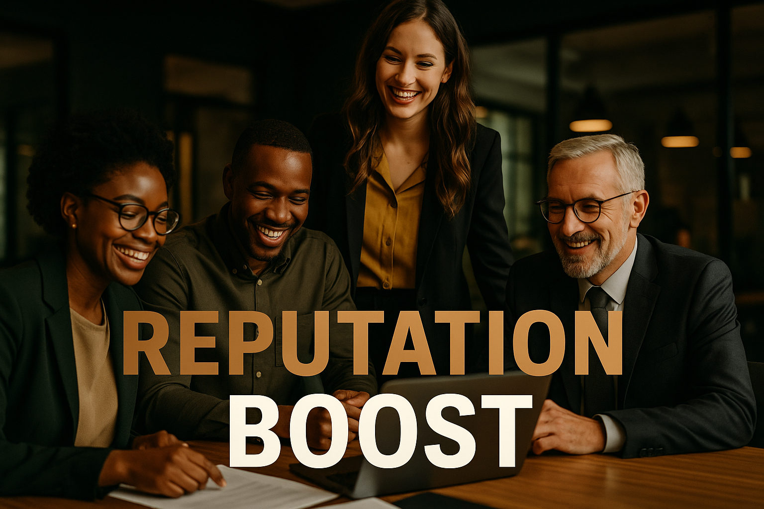 A cinematic image of a diverse group of professionals in a modern office setting, smiling and collaborating, surrounded by vibrant colors of black, olive green, and bronze. The image conveys a sense of unity and positivity, capturing the essence of successful diversity, equity, and inclusion initiatives. In the foreground, prominently display the high impact phrase 'REPUTATION BOOST' in bold letters, with 'REPUTATION' in bronze, 'BOOST' in white, and the background subtly highlighting elements of teamwork and harmony. Use contrast to make the text pop, ensuring it is outside the 15% safe zone from the margins, while maintaining a visually balanced composition.