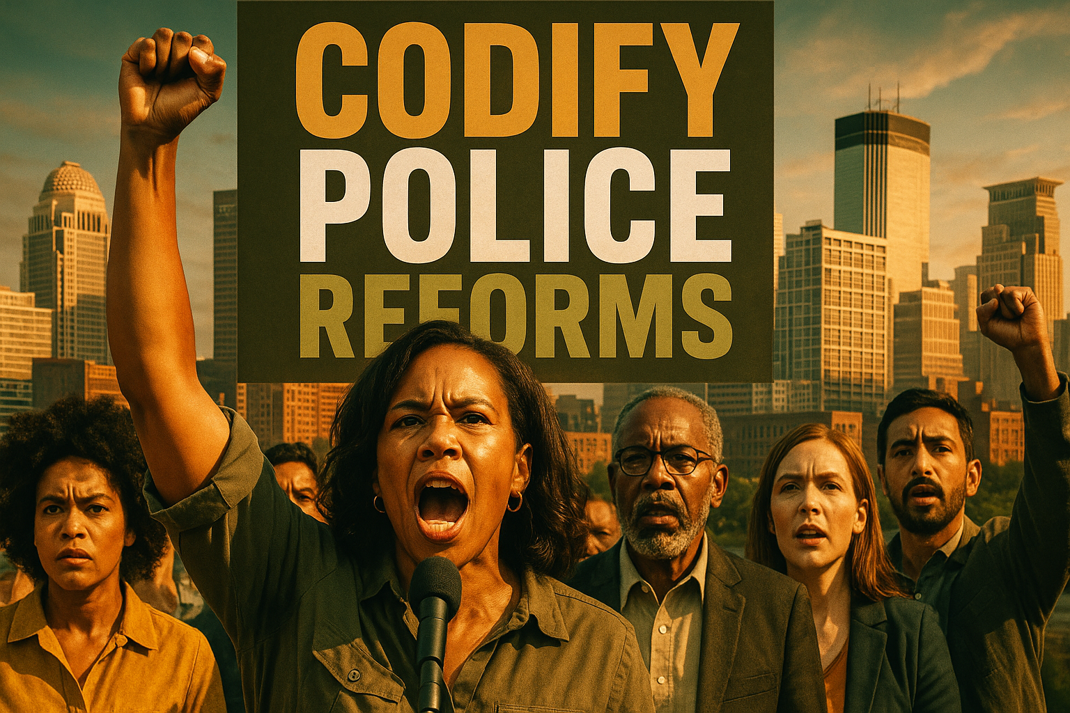 A cinematic image of community leaders passionately advocating for police reform, set against a backdrop of the Louisville and Minneapolis cityscapes. The scene features diverse group of individuals displaying determination and hope, with expressions that convey a quest for justice. Bright colors highlight their fervor, with an olive green and bronze theme emphasizing unity and action. Incorporate bold, impactful text: 'CODIFY POLICE REFORMS' in a multi-line H2 'impact' font, with 'CODIFY' in bronze, 'POLICE' in white, and 'REFORMS' in olive green. Use contrast and composition techniques to draw the viewer's attention, ensuring the text remains outside the 20% safe zone from all margins.