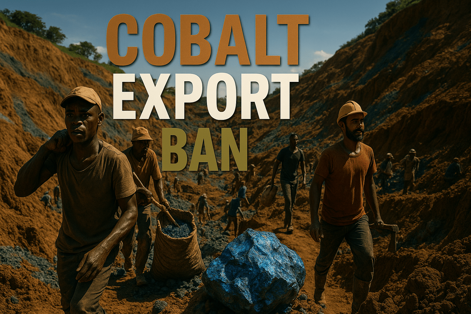 A cinematic image of a vibrant cobalt mine in the Democratic Republic of Congo, showcasing workers engaged in artisanal mining under bright, natural sunlight, with dramatic shadows highlighting their expressions of determination and hope. The scene should be photorealistic, capturing the rich blue hues of cobalt ore contrasted against the earthy tones of the landscape. Use a wide-angle lens to emphasize the scale of the mine, creating a sense of depth and movement. The mood should be dynamic and inspiring, reflecting the importance of cobalt in modern technology. In the foreground, a striking detail of a cobalt ore sample glistening in the sunlight. Overlay the text in a multi-line H2 'impact' font: 'BRONZE COBALT WHITE EXPORT OLIVE BAN', ensuring the words pop against the background with a slight shadow effect for depth.