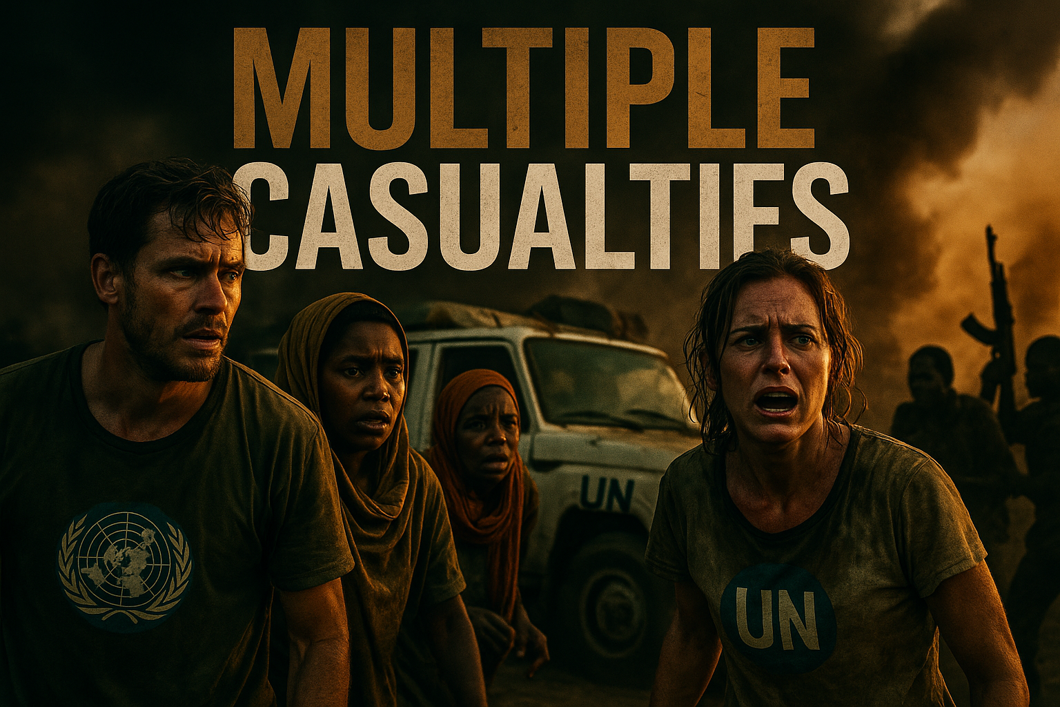 A cinematic image of a tense scene depicting an attacked UN aid convoy in Darfur, featuring emotionally charged faces of aid workers and local civilians, dramatic lighting with deep shadows contrasting with intense highlights, vibrant colors with olive green, bronze, and black elements, capturing the chaos and urgency of the moment. The composition follows the rule of thirds, emphasizing the main subjects, with the high impact phrase 'MULTIPLE CASUALTIES' in large, bold font: 'MULTIPLE' in bronze, 'CASUALTIES' in white, set against a darkened backdrop, all words in ALL CAPS, with optimal visual balance and separation from the background, placed outside of the safe zone.