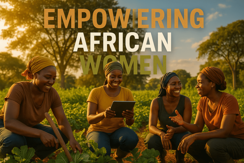 Four African women stand in a lush green field under warm daylight.
In the foreground at left, a woman wearing a headwrap leans forward, gripping a hoe as she tills the soil.
At right, another woman in a headwrap smiles while tapping on a tablet computer.
Behind them, two more women talk and gesture as they survey the crops.
Bold bronze and white text overlaid at the top reads “EMPOWERING AFRICAN WOMEN.”