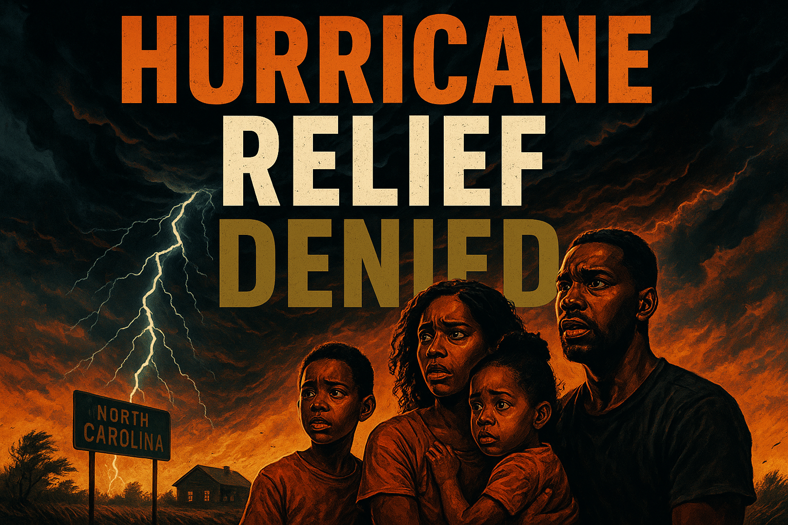 A cinematic image of a powerful storm raging over North Carolina, with dark ominous clouds swirling and lightning striking, in the foreground a distressed Black family looking on with concern, representing the impact of natural disasters on marginalized communities; bold, high-contrast colors with an emphasis on the chaos of the scene; include text overlay reading 'HURRICANE RELIEF DENIED' in large, attention-grabbing font, with 'HURRICANE' in bronze, 'RELIEF' in white, and 'DENIED' in olive green, positioned strategically to maintain readability while enhancing the emotional weight of the image.