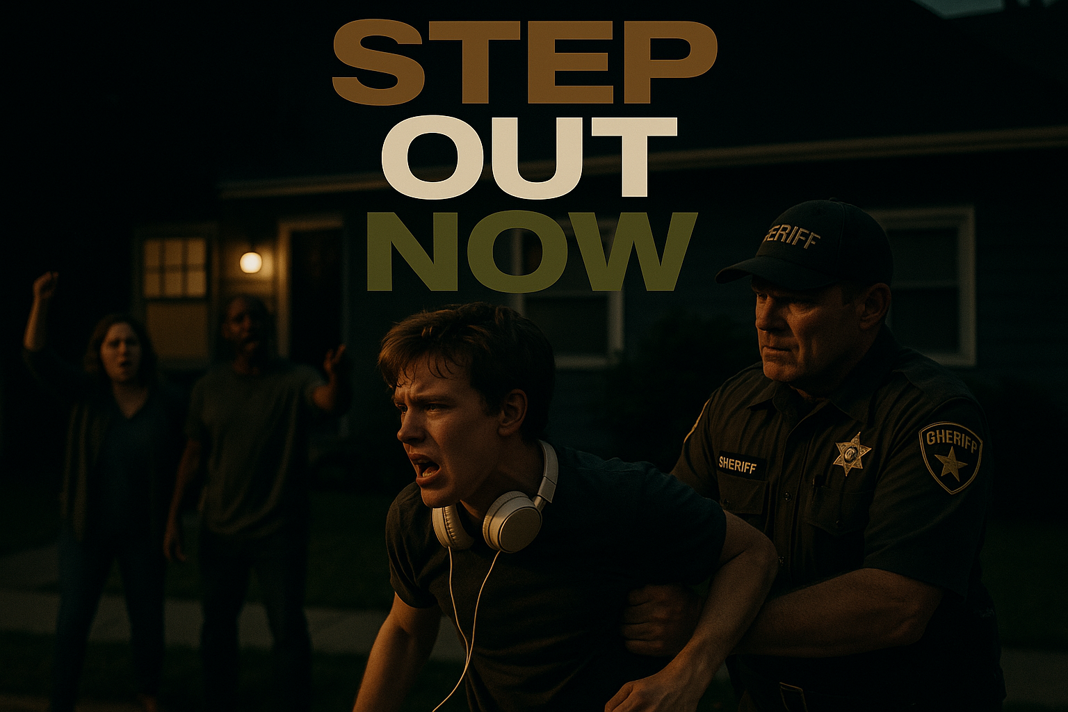 A cinematic image of a tense confrontation outside a suburban home at dusk, featuring a distressed white young man with headphones, being forcefully restrained by a sheriff's deputy in a dark uniform, with neighbors across the street expressing outrage and concern. The scene is vibrant with a strong contrast of emotions, highlighting community solidarity and injustice. Use a color palette emphasizing Black (#000000), Olive Green (#778956), and Bronze (#966327). Include the impactful phrase in multi-line H2 font: 'STEP' (Bronze), 'OUT' (White), 'NOW' (Olive) prominently displayed in the upper part of the image, ensuring the text is outside the 20% safe zone from all margins.
