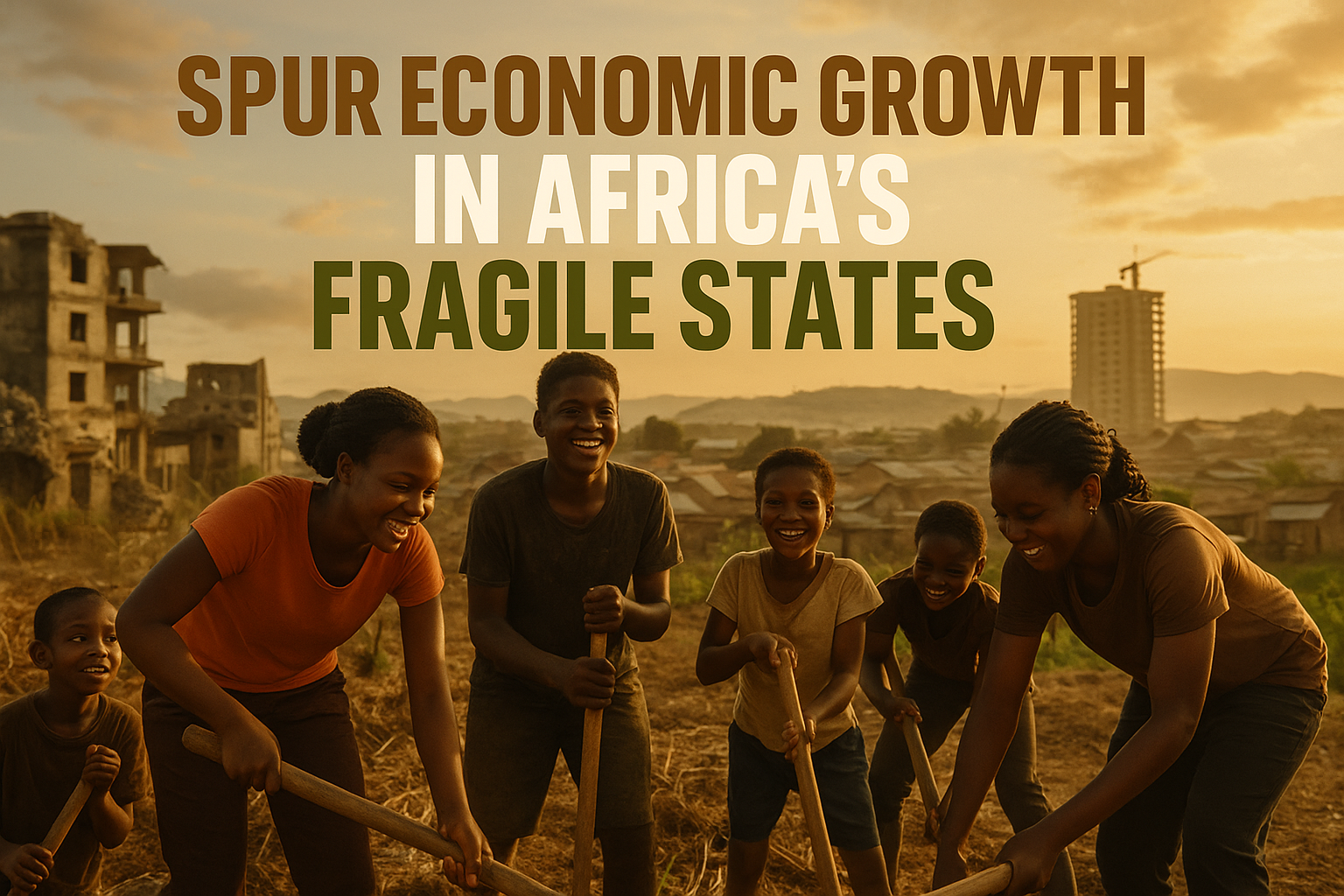 A cinematic image of a diverse group of hopeful Africans (young adults and children) engaged in a community project, showcasing unity and resilience amidst a vibrant, conflict-affected landscape. The background features a blend of urban and rural elements, symbolizing economic opportunities and growth. The scene is bathed in warm sunlight, highlighting faces filled with determination and hope. A bold, multi-line H2 text overlay states: 'SPUR ECONOMIC GROWTH' in Bronze, 'IN AFRICA’S' in White, and 'FRAGILE STATES' in Olive Green. The composition uses leading lines to direct the viewer's eye toward the text, with contrasting colors to make the image pop. All elements use the entire canvas without borders or blank areas, aligned with the brand colors of Black, Olive Green, Bronze, and White.