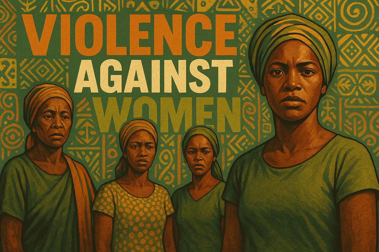 A cinematic image of a diverse group of Ghanaian women standing together in solidarity, showcasing strength and resilience against a vibrant backdrop of traditional Ghanaian motifs, incorporating bright colors of Olive Green and Bronze, with emotional expressions conveying empowerment; the phrase 'VIOLENCE AGAINST WOMEN' in multi-line H2 'impact' font, with 'VIOLENCE' in Bronze, 'AGAINST' in White, and 'WOMEN' in Olive, positioned dynamically against the background to capture attention, ensuring the text elements remain outside the 20% safe zone from all margins.
