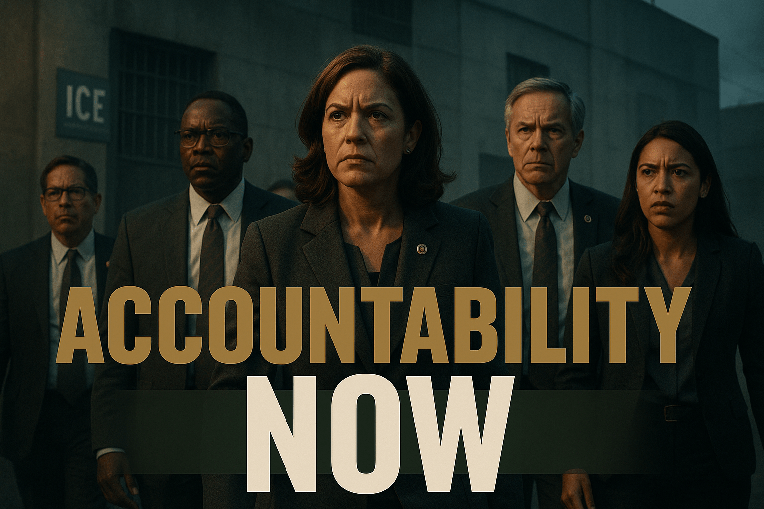 A cinematic image of a tense congressional oversight scene, featuring a diverse group of determined lawmakers standing outside an ICE facility, illuminated by dramatic lighting that highlights their expressions of frustration and urgency. The background shows a stark, imposing building with a sense of confinement, while a subtle haze adds to the mood. The composition follows the rule of thirds, drawing the viewer's eye to the central figures. The high-impact phrase 'ACCOUNTABILITY NOW' is displayed in a bold, multi-line H2 impact font, with 'ACCOUNTABILITY' in Bronze, 'NOW' in White, and the background in Olive, ensuring the text pops against the dramatic backdrop.