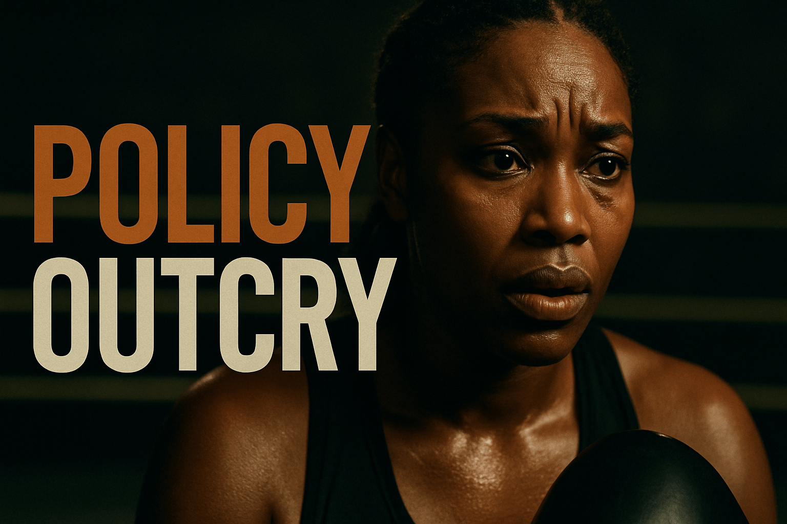 A cinematic image of a close-up of a concerned female boxer, showcasing her emotional expression in a dramatic lighting setup, with a blurred boxing ring in the background. The color scheme includes contrasting black, bronze, and olive green elements to make her stand out. Integrate the high impact phrase 'POLICY OUTCRY' prominently across the image, with 'POLICY' in bronze, 'OUTCRY' in white, and ensure the text is outside the safe zone, with optimal visual balance and clarity.
