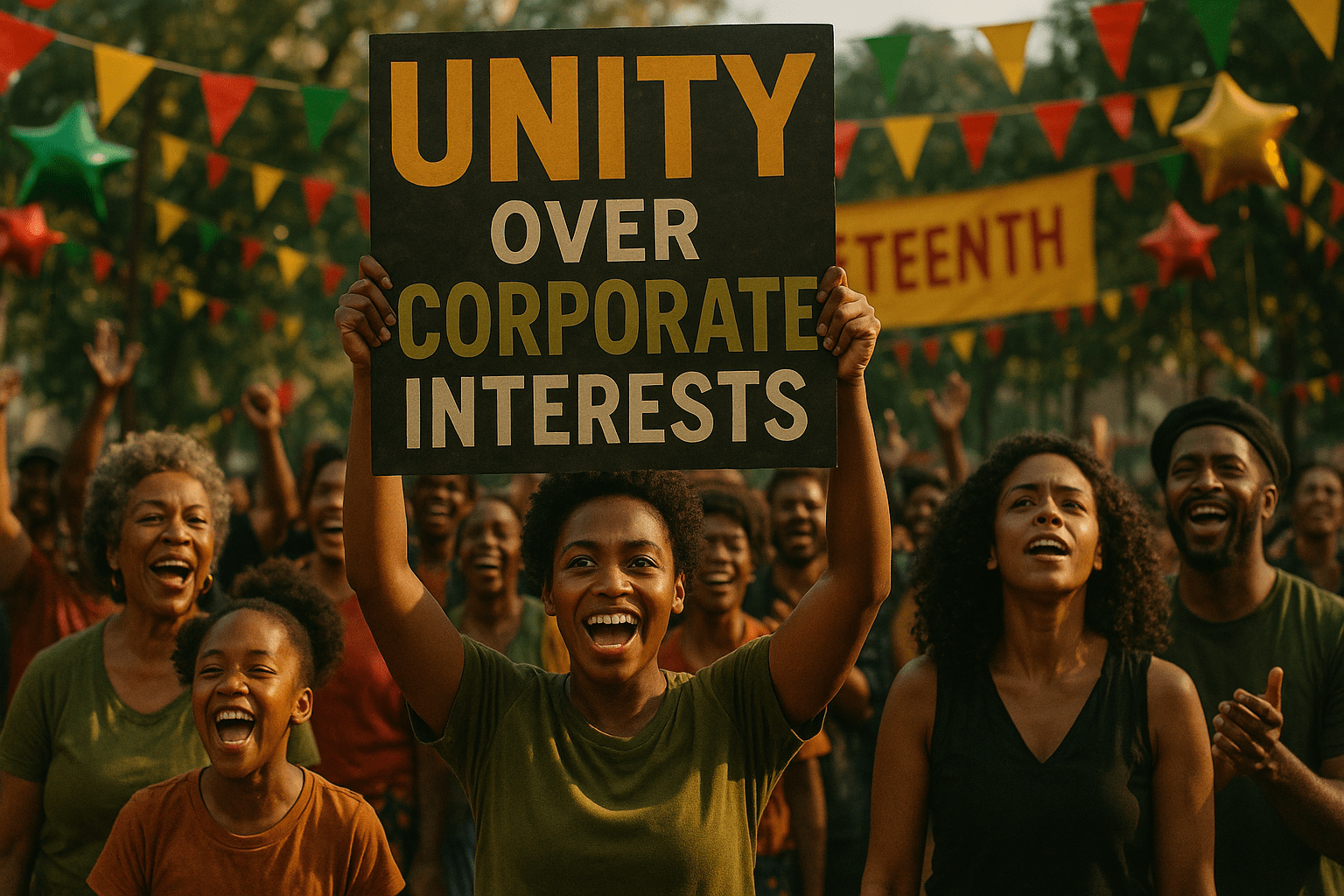 A cinematic image of a vibrant community gathering celebrating Juneteenth, showcasing diverse faces filled with joy and resilience amidst a backdrop of colorful decorations. Incorporate contrast with bright colors like olive green, bronze, and black, highlighting emotional expressions of unity and determination. Focus on a central figure holding a