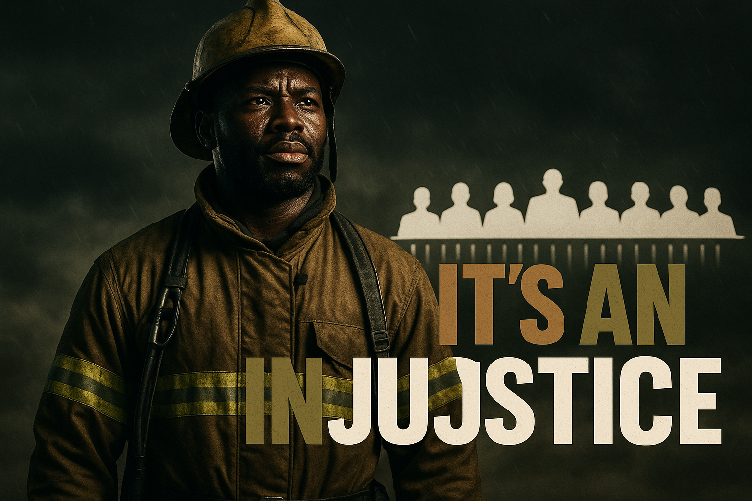 A cinematic image of a strong Black firefighter standing resolutely against a stormy background, embodying resilience and defiance, with an all-white jury silhouette in the distance. The firefighter's expression conveys determination and hope, while graphics displaying the high impact phrase 'IT'S AN INJUSTICE' are prominently featured in bold typography. The text is arranged with 'IT'S' in Bronze, 'AN' in White, and 'INJUSTICE' in Olive Green, ensuring a striking contrast. The colors of the image merge Black, Olive Green, Bronze, and White, creating an impactful and emotional visual narrative that emphasizes the fight for justice.