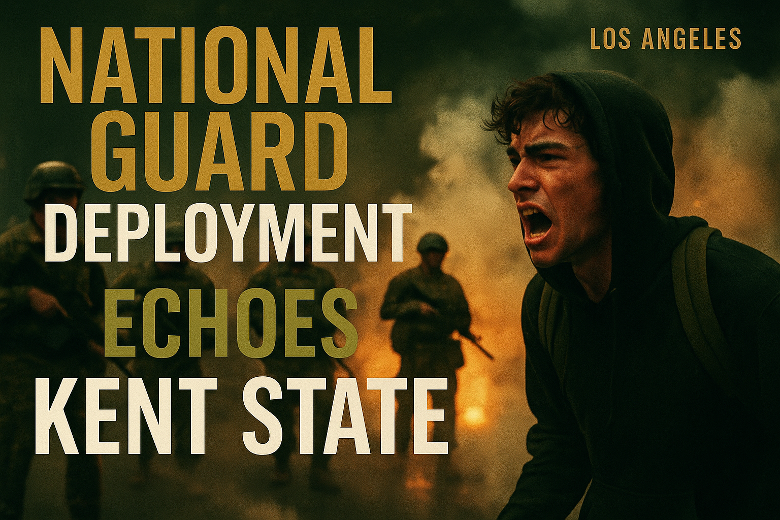A cinematic image of a tense protest scene in Los Angeles, featuring a protester surrounded by billowing smoke and tear gas, facing off against uniformed National Guard troops. The atmosphere is charged with emotion, capturing expressions of fear and determination. Use a dark, dramatic backdrop with hints of olive green and bronze to highlight the conflict. Add an intense contrast of colors to make the scene pop, utilizing sharp focus on the protester's face while keeping the Guardsmen slightly blurred. Overlay the high-impact phrase in a bold, multi-line H2 font: 'NATIONAL GUARD' in Bronze, 'DEPLOYMENT' in White, 'ECHOES KENT STATE' in Olive, ensuring a clean composition without clutter, and maintaining all text outside the 20% safe zone.