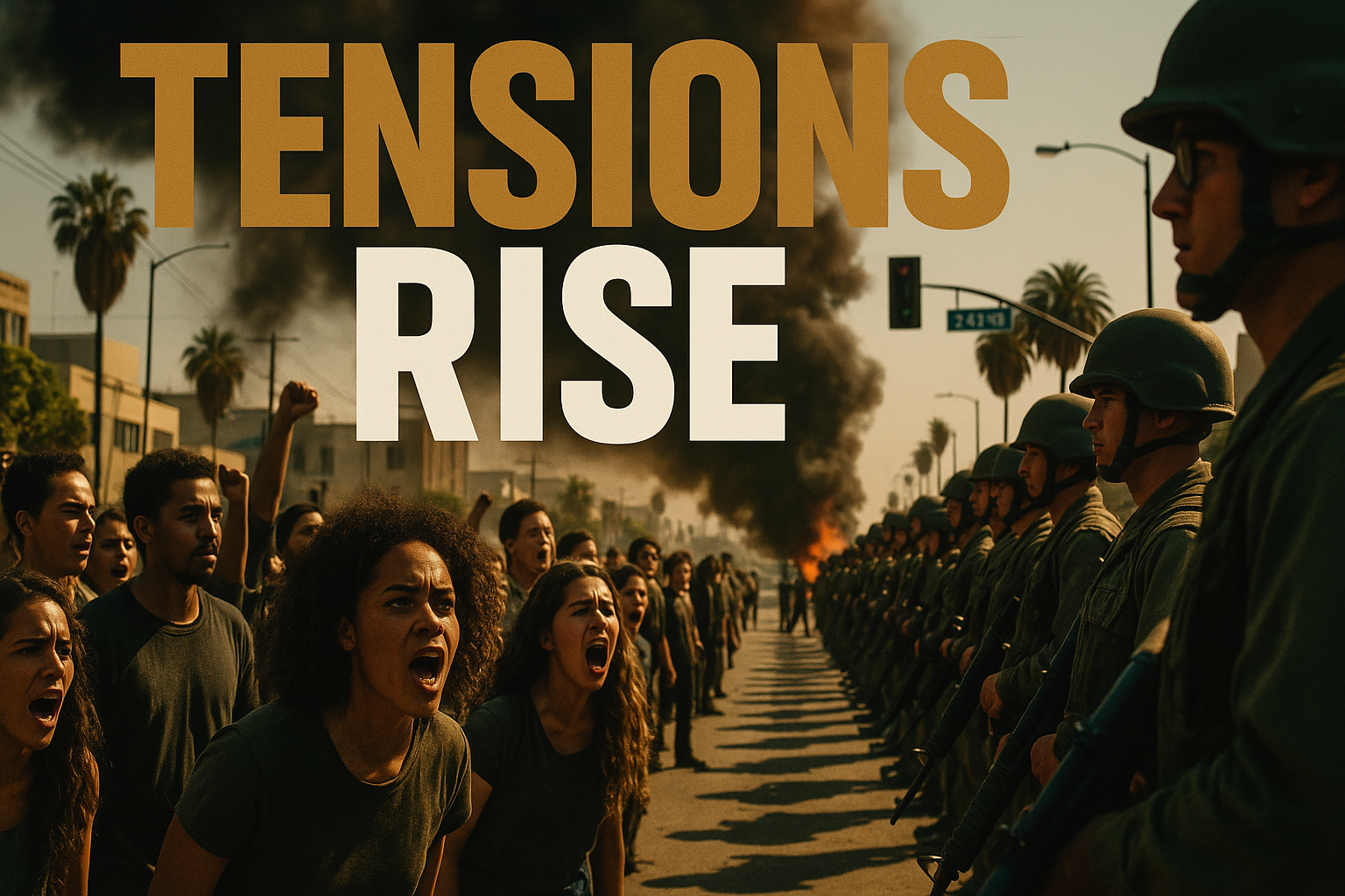 A cinematic image of a tense street scene in Los Angeles, showcasing a diverse crowd of protestors with emotional expressions, dark smoke rising in the background, National Guard soldiers in formation, and vivid colors of olive green and bronze representing unrest; the focal point should be a strong, powerful 'TENSIONS RISE' in a multi-line H2 impact font: 'TENSIONS' in Bronze, 'RISE' in White, using a dramatic composition with leading lines to draw the viewer's eye, all text outside of the 20% safe zone from margins; the background features contrasting elements to enhance the central theme, creating a dynamic and urgent atmosphere.
