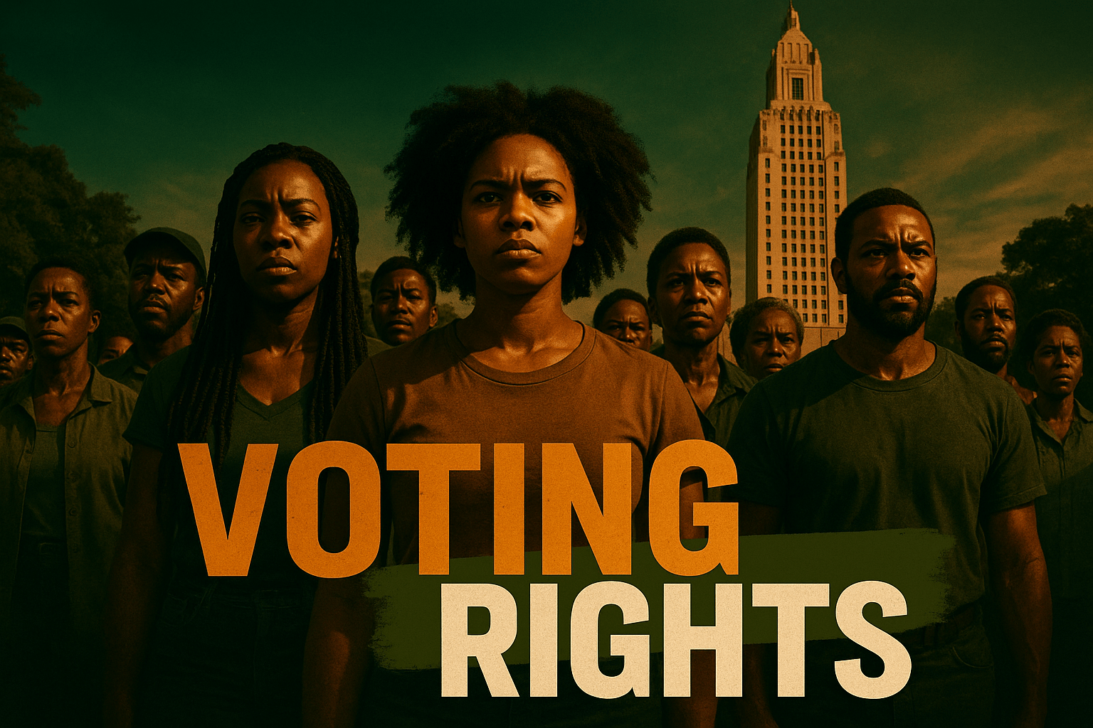 A cinematic image of a diverse group of passionate Black voters standing united in front of a Louisiana state capitol building, their faces expressing determination and resilience. The scene captures a vibrant atmosphere filled with contrasting colors - deep greens and warm bronze tones symbolizing hope and strength. In the foreground, the powerful phrase 'VOTING RIGHTS' is prominently displayed, with 'VOTING' in Bronze, 'RIGHTS' in White, utilizing a bold, dynamic font that ensures it stands out against the backdrop, while an olive green highlight emphasizes the significance of the movement. The entire canvas is filled with life and urgency, embodying the fight for equality in representation, inspiring viewers to engage with the vital issue of redistricting.