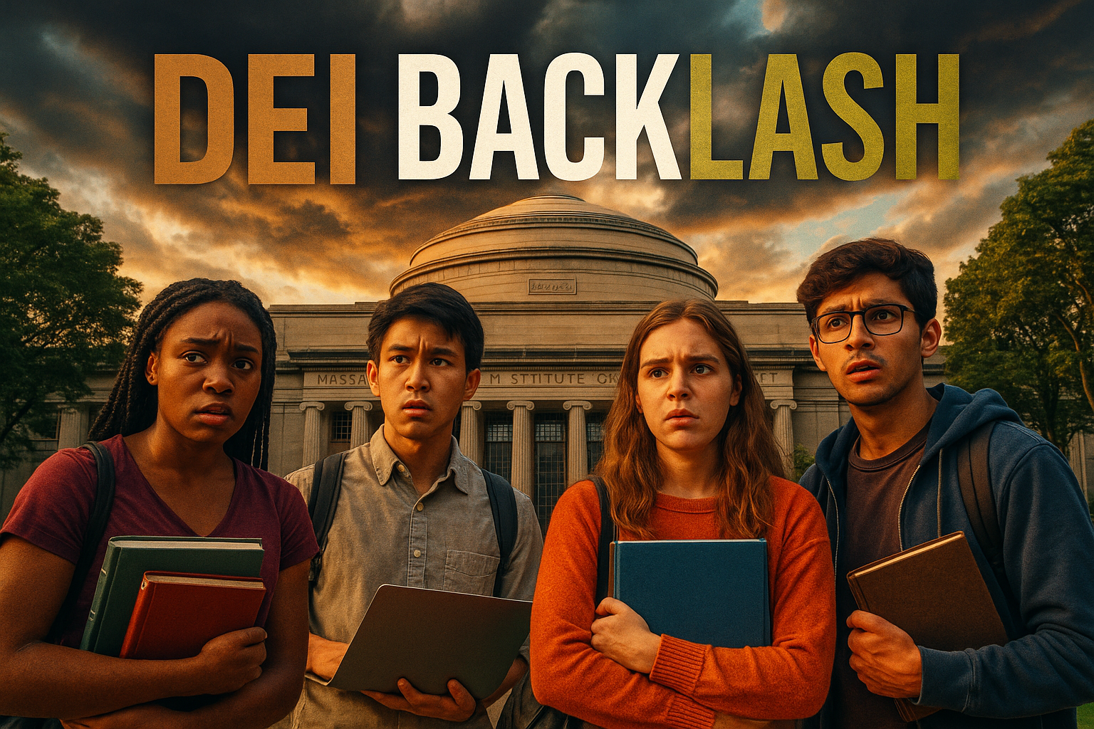 A cinematic image of a diverse group of university students looking concerned while holding books and laptops, standing in front of the Massachusetts Institute of Technology (MIT) campus, with a dramatic sky overhead hinting at uncertainty; the scene is colorful with contrasting brightness, focusing on emotional expressions and the urgency of the situation, framed by the architecture of the campus to draw the viewer's eye; the text overlay reads 'DEI BACKLASH' in large, impactful font, with the word 'DEI' in Bronze, 'BACK' in White, and 'LASH' in Olive Green, designed to pop against the vibrant background.