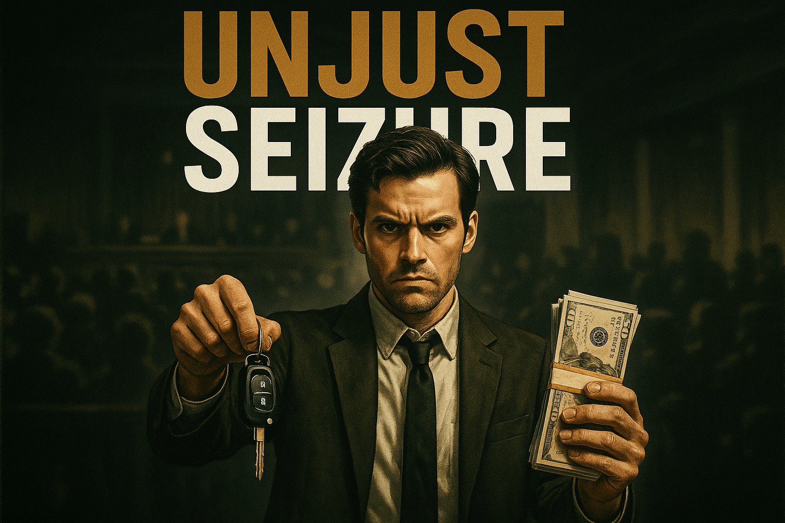A cinematic image of a determined man standing outside a courthouse, holding a set of car keys in one hand and a stack of cash in the other, with an intense expression on his face. The background depicts a blurred chaotic courtroom filled with shadows of people, symbolizing the legal battle. Vivid contrasts of Black and Olive Green, with pops of Bronze capturing the viewer's attention. Overlay the high-impact phrase 'UNJUST SEIZURE' in a bold multi-line H2 font, where 'UNJUST' is in Bronze, 'SEIZURE' is in White, and the background is slightly blurred to enhance focus on the text, while ensuring it stays outside of the 20% safe zone from all margins.