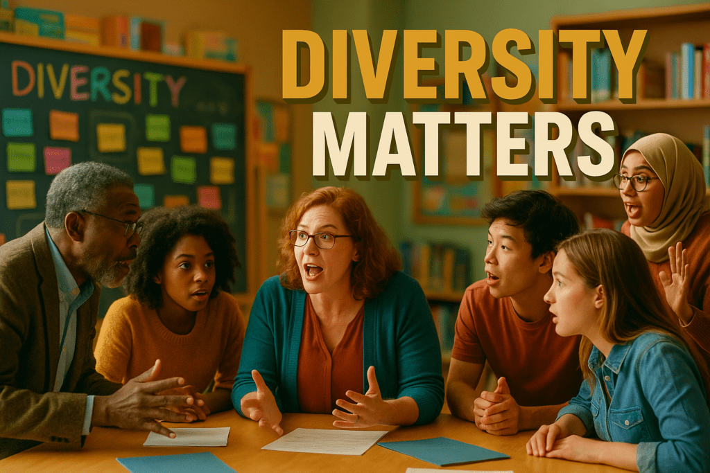 A classroom scene showing five people—a Black woman, a young Black boy, an older white man, a white woman, and an Asian woman—gathered around a table in animated discussion. Behind them, a green chalkboard is dotted with colorful sticky notes and handwritten words like “EQUITY,” “RESPECT,” and “BELONGING.” Bold bronze text overlaid at the top reads “DIVERSITY MATTERS.