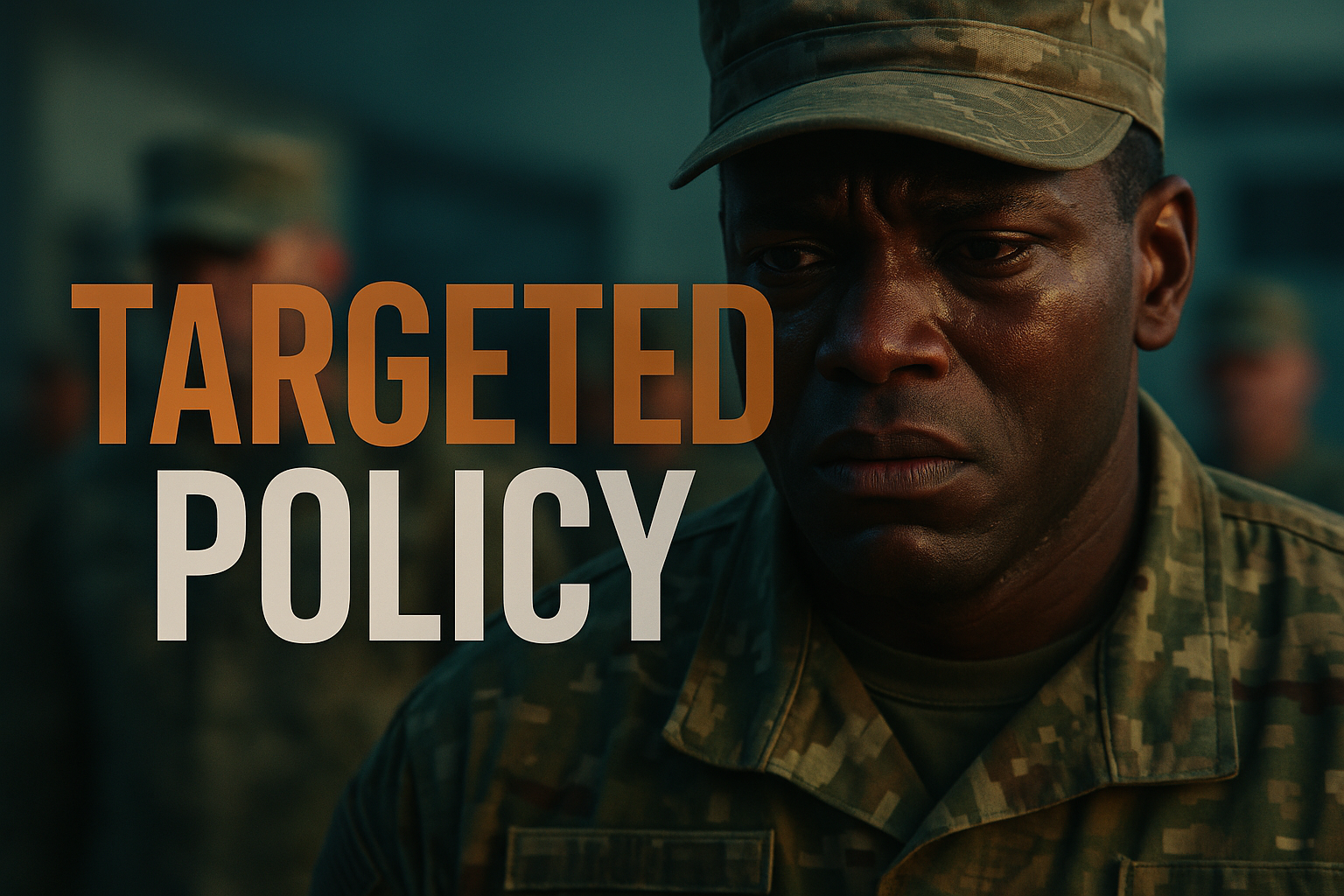 A cinematic image of a solemn Black servicemember in military uniform, with a close-up of their face showing determination and emotional strain, set against a blurred military backdrop. Bright, contrasting colors highlight the tension of the moment, with the phrase 'TARGETED POLICY' in large, bold font—'TARGETED' in Bronze, 'POLICY' in White—creating a striking focal point, all while maintaining a clean, impactful composition and using the brand colors effectively.