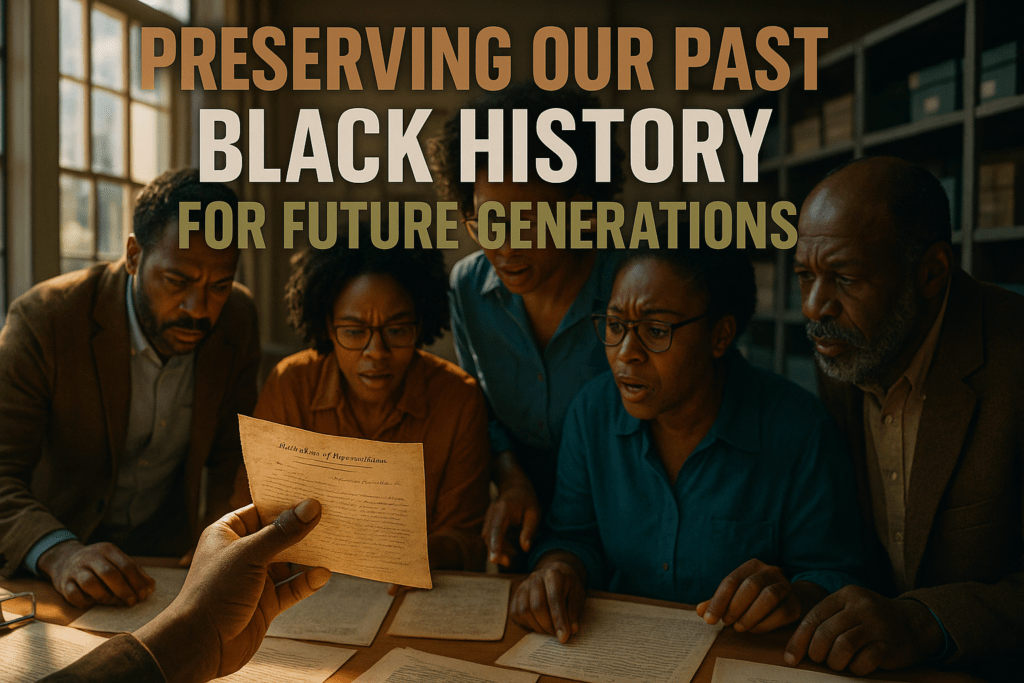 Four Black adults—a man and three women—lean over a wooden table covered in historical documents, studying and discussing the papers under warm archive lighting. Stacks of boxes line the shelves behind them. Large bronze and beige text above reads “PRESERVING OUR PAST BLACK HISTORY FOR FUTURE GENERATIONS.
