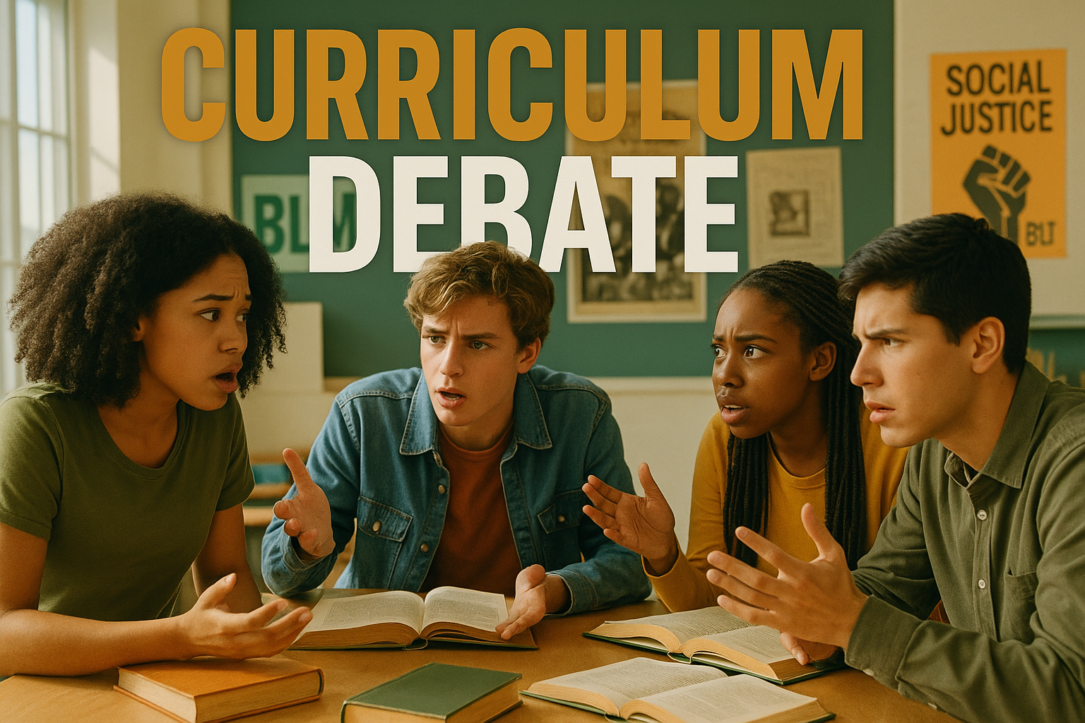 A cinematic image of a diverse group of students engaging in a heated discussion in a bright classroom, their expressions showing a mix of curiosity and concern, with vibrant colors of olive green and bronze highlighting textbooks and educational materials; the background filled with posters about social justice and history. The words 'CURRICULUM DEBATE' in a bold multi-line H2 font, with 'CURRICULUM' in bronze, 'DEBATE' in white, and keeping 'BLM' in olive, creatively separated from the background to create eye-catching contrast, ensuring the text remains outside of a 20% safe zone from all margins.
