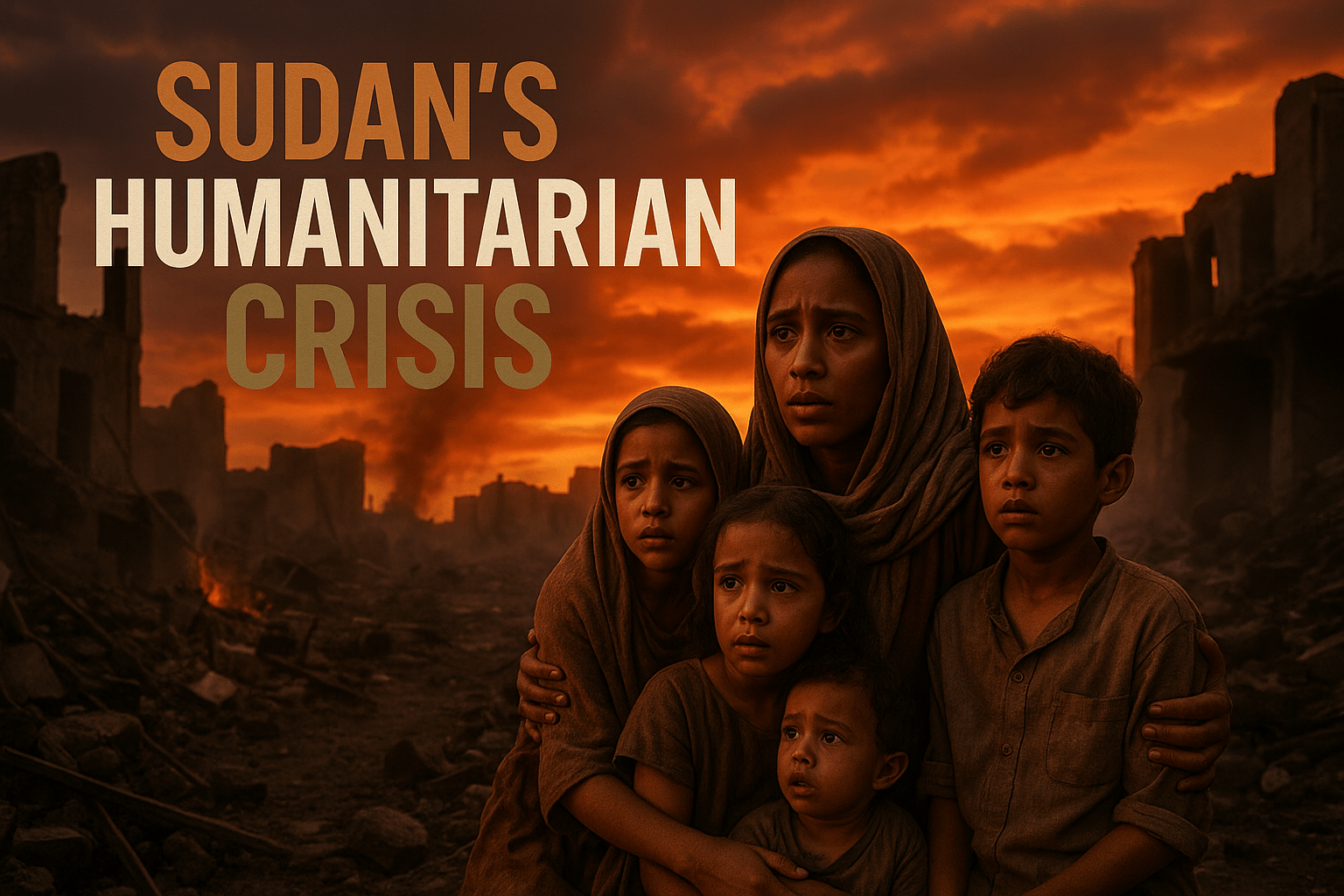 A cinematic image of a war-torn Sudanese landscape, featuring a distressed family seeking refuge amidst rubble and chaos, with a dramatic sunset casting warm hues of orange and red across the sky. The scene captures the emotional weight of displacement, highlighting the faces of the family members filled with fear and hope. The lighting is soft yet poignant, evoking a sense of urgency and despair. The composition follows the rule of thirds, drawing the viewer's eye to the family in the foreground while the destruction looms in the background. The high-impact phrase 'SUDAN'S HUMANITARIAN CRISIS' is displayed in a multi-line H2 impact font, with 'SUDAN'S' in Bronze, 'HUMANITARIAN' in White, and 'CRISIS' in Olive, each word sized for optimal visual balance and separated from the background for emphasis.
