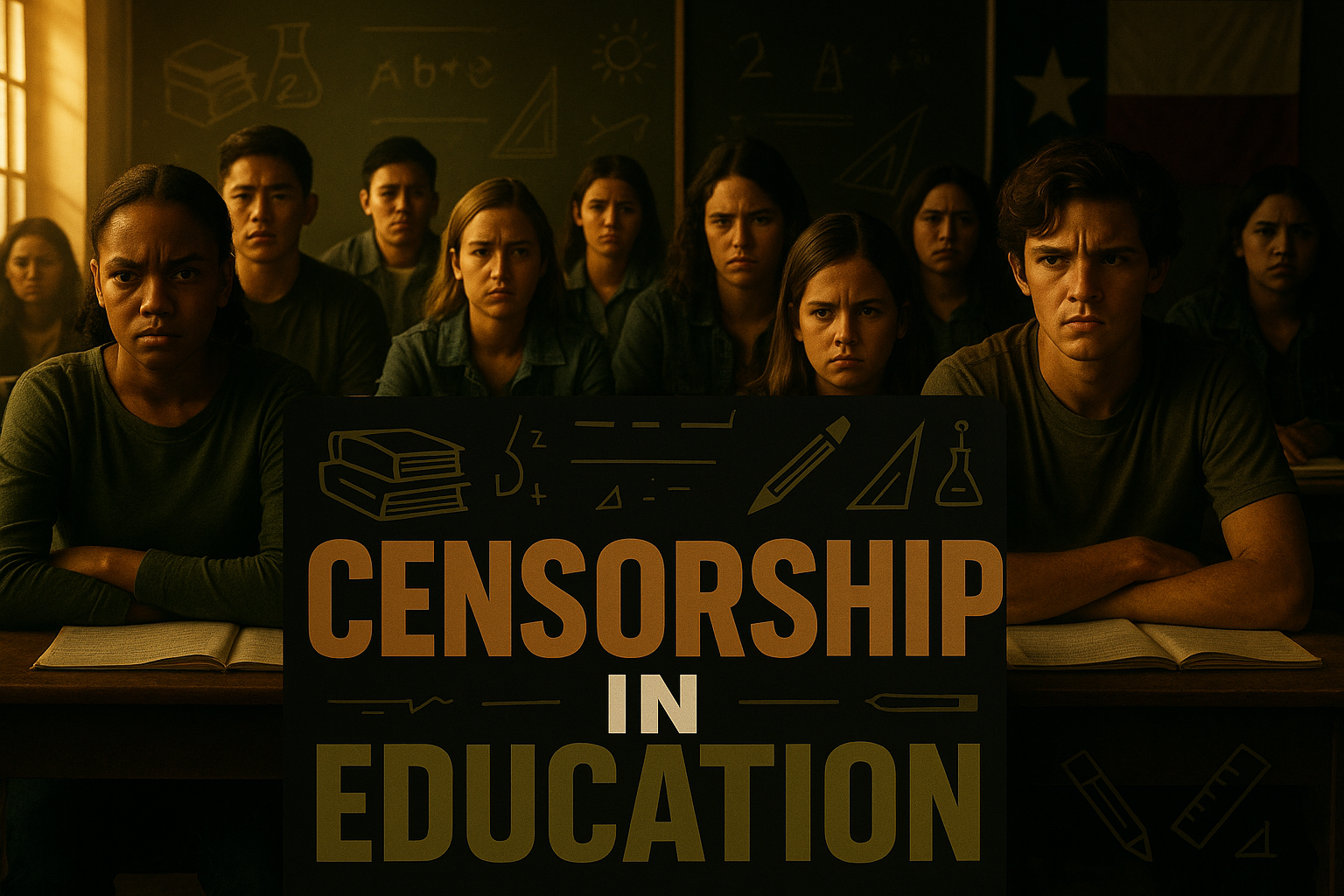 A cinematic image of a divided Texas classroom, featuring students of diverse backgrounds looking concerned and frustrated, with bold contrasts of light and shadow emphasizing the tension; in the foreground, a large, bright sign reading 'CENSORSHIP IN EDUCATION' in a multi-line H2 impact font - 'CENSORSHIP' in bronze, 'IN' in white, 'EDUCATION' in olive green, surrounded by a backdrop of darkened textbooks and educational symbols; utilize brand colors - black, olive green, bronze, and white to create an eye-catching, emotional scene that captures the essence of educational censorship, ensuring text remains clear and impactful without any clutter.