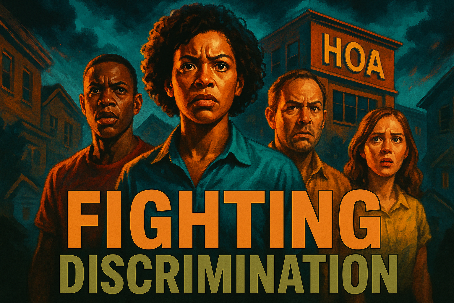 A cinematic image of a tense neighborhood scene showcasing a mixed-race group of residents standing together, with expressions of determination and fear, contrasting against a backdrop of a looming, menacing HOA office building. Bright colors emphasize emotional expressions, creating a dynamic visual contrast. Bold, dramatic lighting highlights the faces and surroundings, channeling the urgency and emotional impact of the situation. Include the high-impact phrase 'FIGHTING DISCRIMINATION' in large, bold typography; 'FIGHTING' in Bronze, 'DISCRIMINATION' in Olive Green, all caps, positioned strategically to draw the viewer's attention without exceeding a 15% safe zone from the margins. The overall composition follows the rule of thirds to direct focus on the faces of the residents.