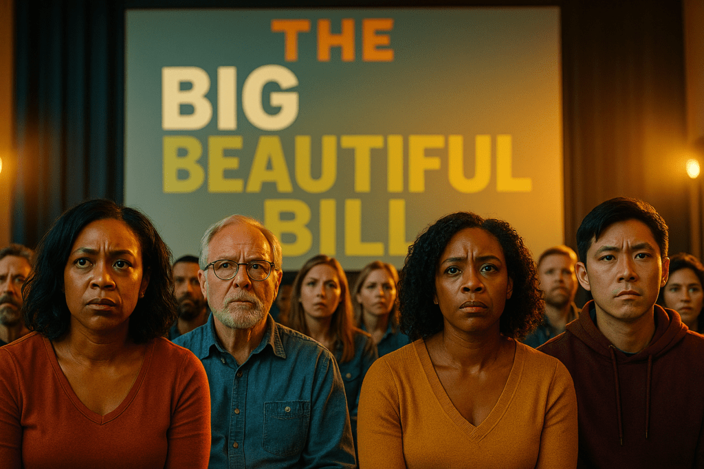 A cinematic image of a diverse group of concerned individuals in a community meeting, expressing a mix of worry and determination, with bright, contrasting colors to evoke urgency. The lighting is warm and inviting, creating a hopeful yet serious mood. The camera angle is slightly low, emphasizing the faces of the people, capturing their emotional expressions. In the background, a large projection screen displays the words 'THE BIG BEAUTIFUL BILL' in a multi-line H2 impact font: 'THE' in Bronze, 'BIG' in White, 'BEAUTIFUL BILL' in Olive, with elements that separate the text from the background. The composition follows the rule of thirds, drawing the viewer's eye toward the main subjects while ensuring the text remains outside a 20% safe zone from all margins.