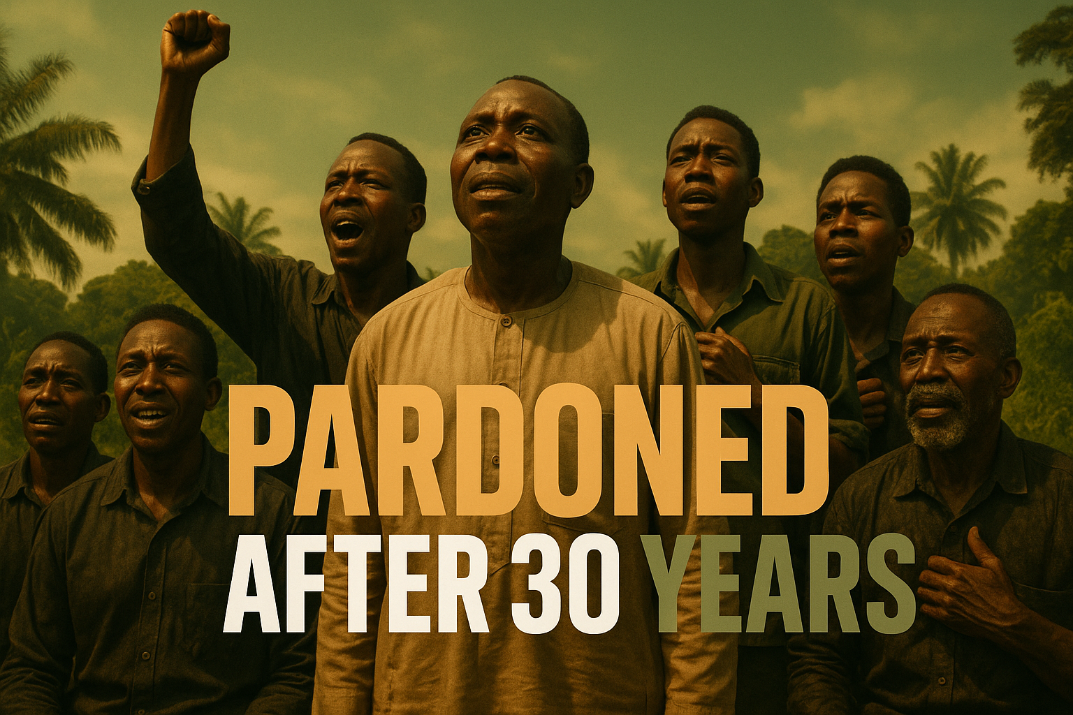 A cinematic image featuring a powerful depiction of the Ogoni Nine activists, with bright contrasting colors of Olive Green and Bronze. Show emotional expressions of hope and resilience, capturing the moment of a historical pardon. Utilize composition techniques like the rule of thirds to focus on the main subjects, surrounded by lush Nigerian landscapes to symbolize freedom. Overlay a multi-line H2 'impact' font with the high-impact phrase 'PARDONED' in Bronze, 'AFTER 30' in White, and 'YEARS' in Olive, ensuring the text pops against the background while respecting the 20% safe zone.