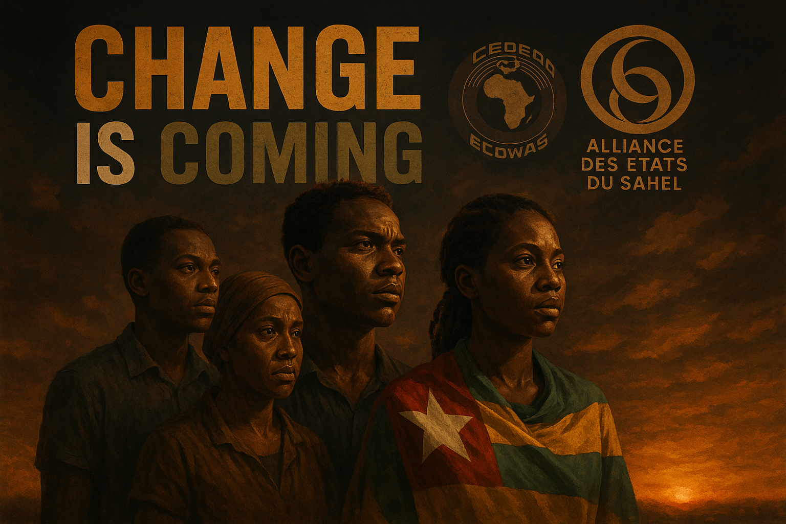 A cinematic image of a diverse group of Togolese citizens looking thoughtfully towards a symbolic representation of the Ecowas and the Alliance of Sahel States in the background, contrasting colors of black and bronze in a dramatic sunset, capturing expressions of concern and hope, with the phrase 'CHANGE IS COMING' in bold, the first word in Bronze, the second in White, and the third in Olive, large and impactful, utilizing the entire canvas with emotional depth and clarity.