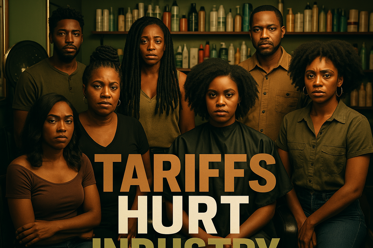 A cinematic image of a diverse group of Black women and men in a vibrant hair salon, showcasing various hairstyles and expressions of concern and resilience, with a background of haircare products affected by tariffs, employing bold contrast with olive green and bronze colors; include the high-impact phrase 'TARIFFS HURT INDUSTRY' in a striking design, where 'TARIFFS' is in Bronze, 'HURT' in White, and 'INDUSTRY' in Olive Green, all in ALL CAPITALS, ensuring the text pops and remains within a 15% safe zone from margins, using dynamic composition to guide the viewer's eye while capturing the emotional essence of the situation.